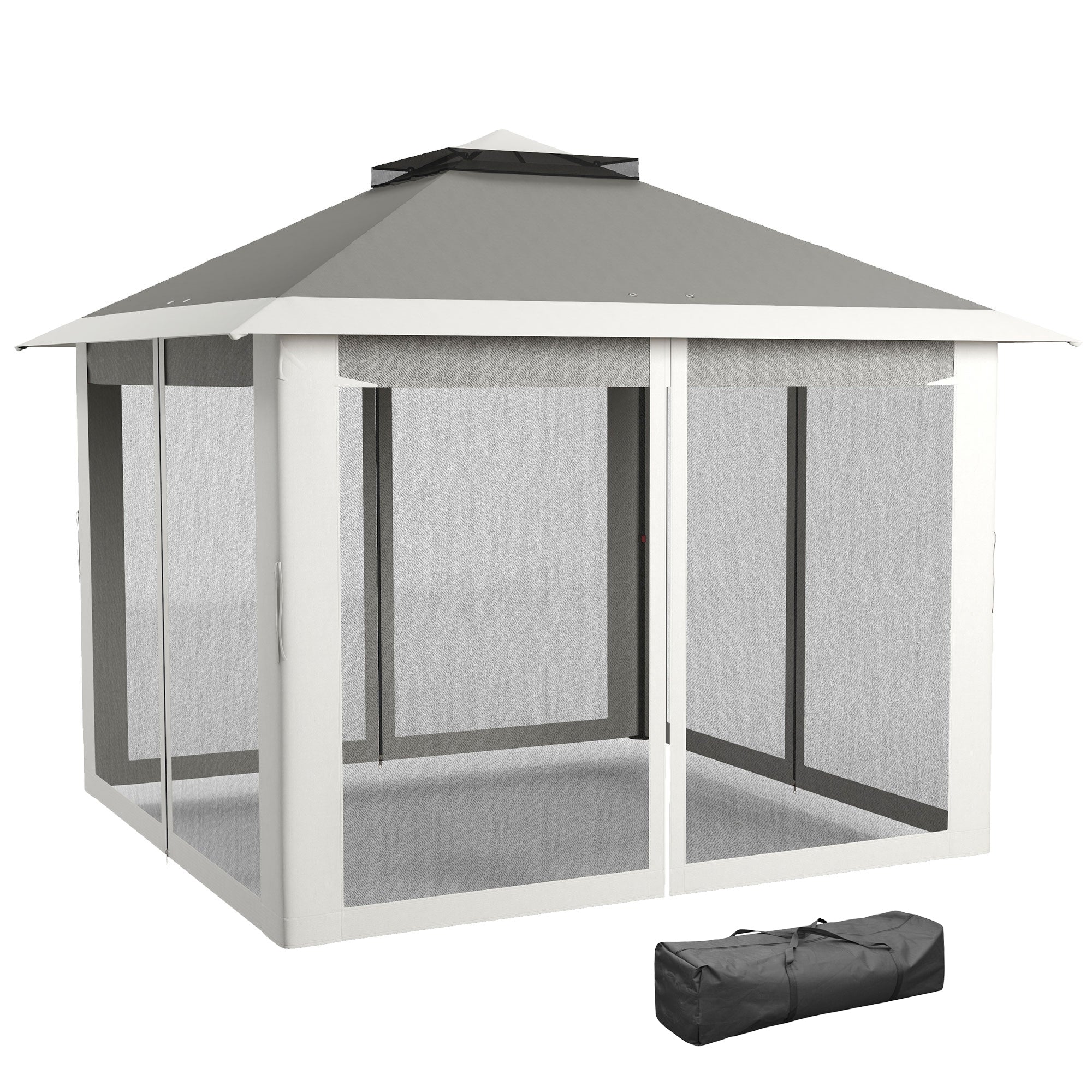 Outsunny 11' x 11' Pop Up Canopy, Double Roof Foldable Canopy Tent with Zipper Mesh Sidewalls, Height Adjustable and Carrying Bag, Event Tent for Patio Garden Backyard, Dark Grey