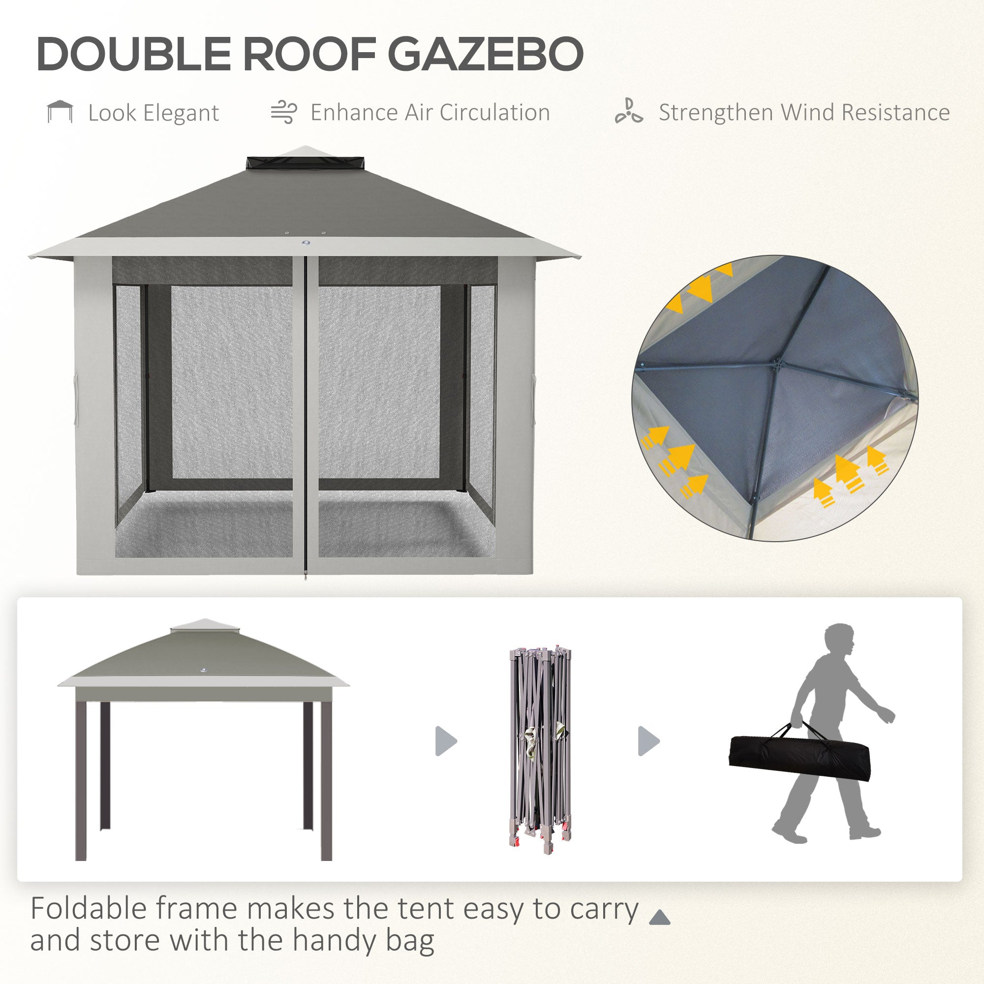 Outsunny 11' x 11' Pop Up Canopy, Double Roof Foldable Canopy Tent with Zipper Mesh Sidewalls, Height Adjustable and Carrying Bag, Event Tent for Patio Garden Backyard, Dark Grey