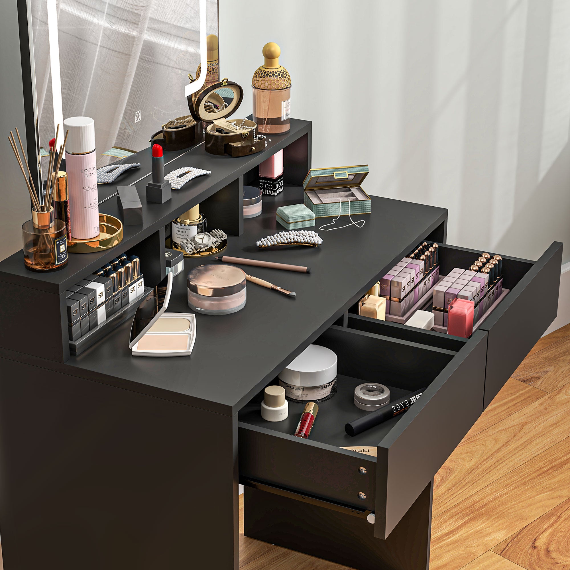 HOMCOM Makeup Vanity Desk with Mirror and Lights, for Bedroom, Modern LED Lighted Dressing Table with 2 Storage Drawers, 3 Compartments, 3 Lighting Modes, for Women Girls, Black