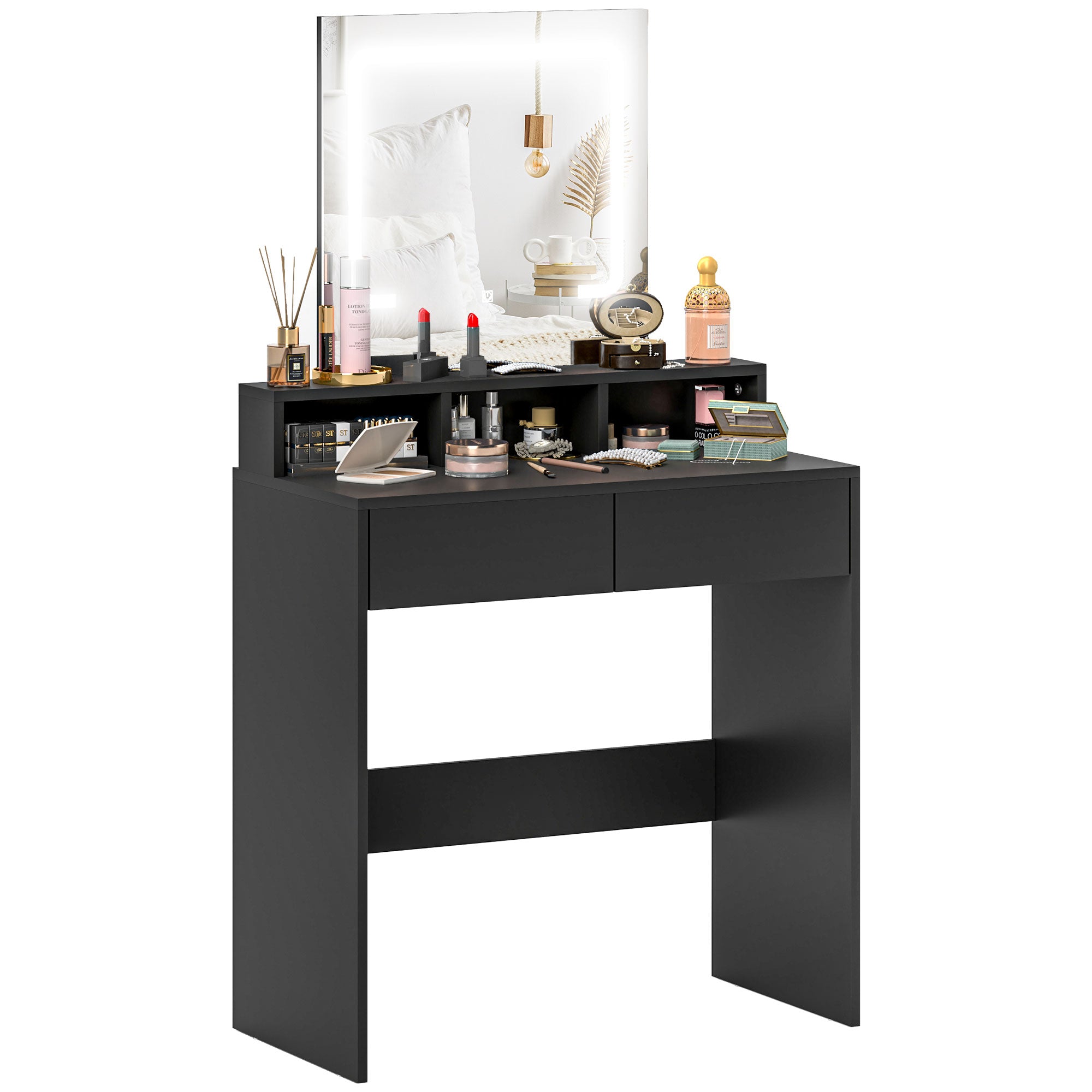 HOMCOM Makeup Vanity Desk with Mirror and Lights, for Bedroom, Modern LED Lighted Dressing Table with 2 Storage Drawers, 3 Compartments, 3 Lighting Modes, for Women Girls, Black