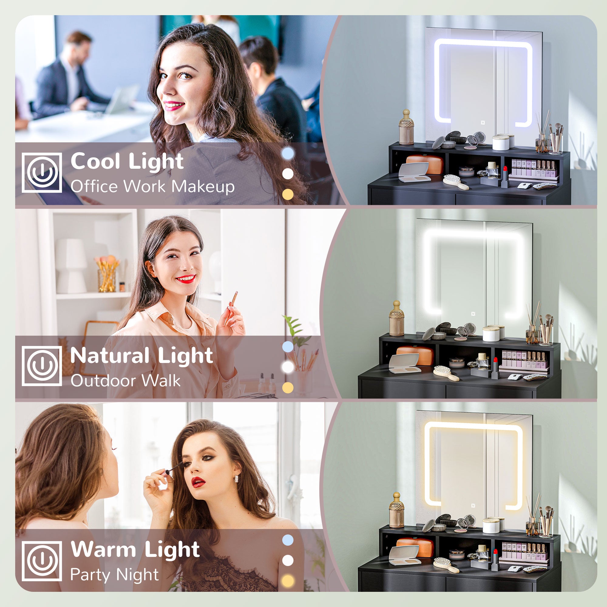 HOMCOM Makeup Vanity Desk with Mirror and Lights, for Bedroom, Modern LED Lighted Dressing Table with 2 Storage Drawers, 3 Compartments, 3 Lighting Modes, for Women Girls, Black