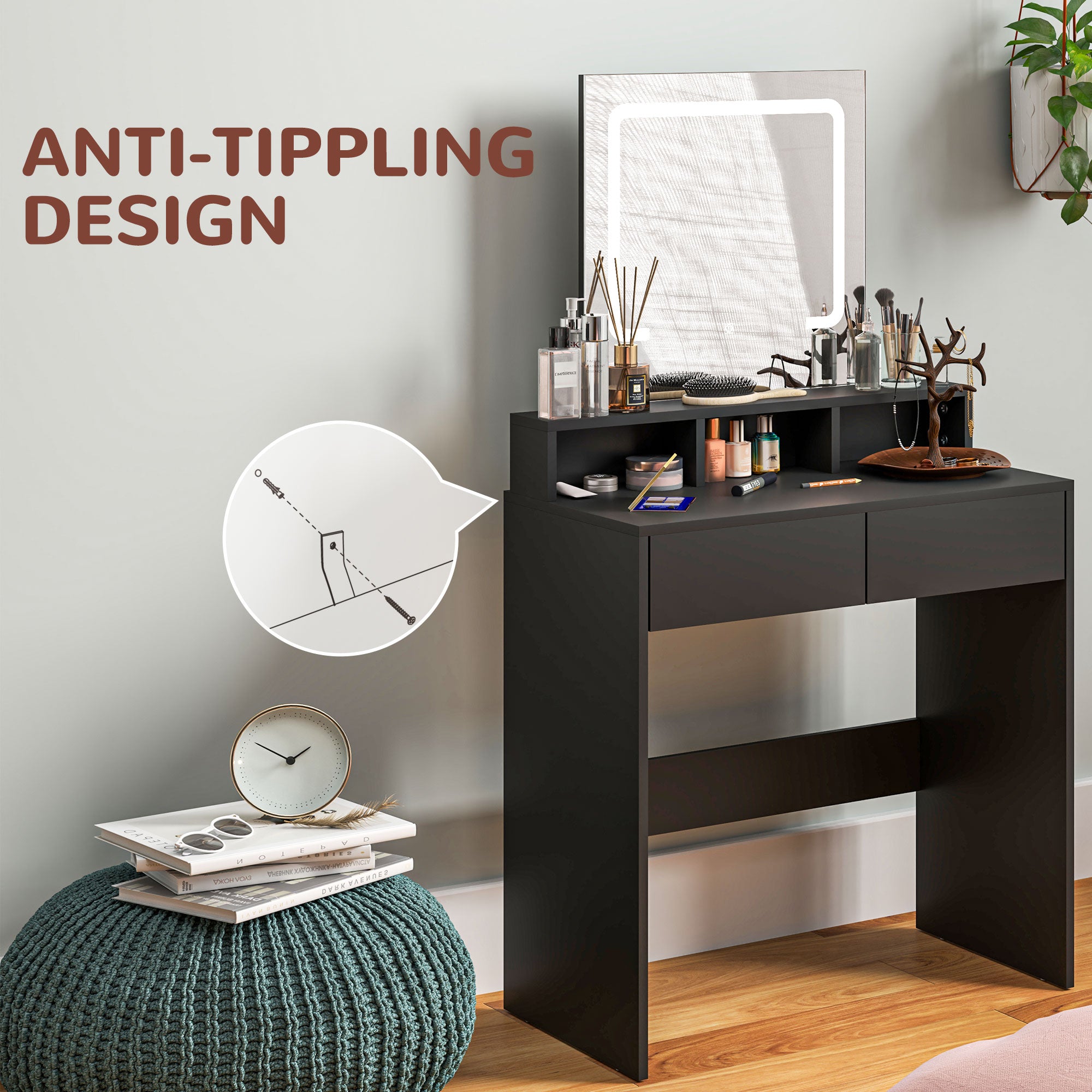 HOMCOM Makeup Vanity Desk with Mirror and Lights, for Bedroom, Modern LED Lighted Dressing Table with 2 Storage Drawers, 3 Compartments, 3 Lighting Modes, for Women Girls, Black