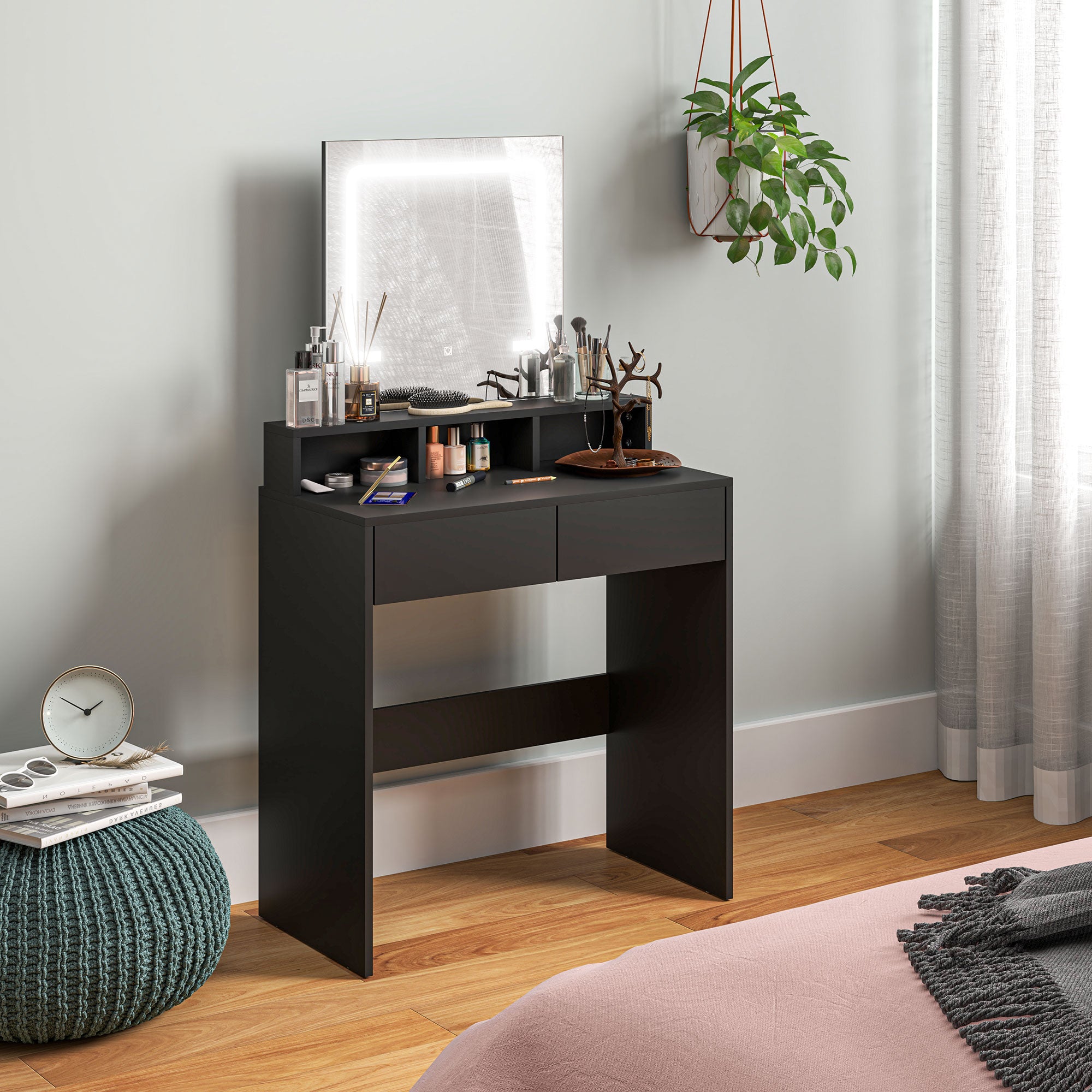 HOMCOM Makeup Vanity Desk with Mirror and Lights, for Bedroom, Modern LED Lighted Dressing Table with 2 Storage Drawers, 3 Compartments, 3 Lighting Modes, for Women Girls, Black