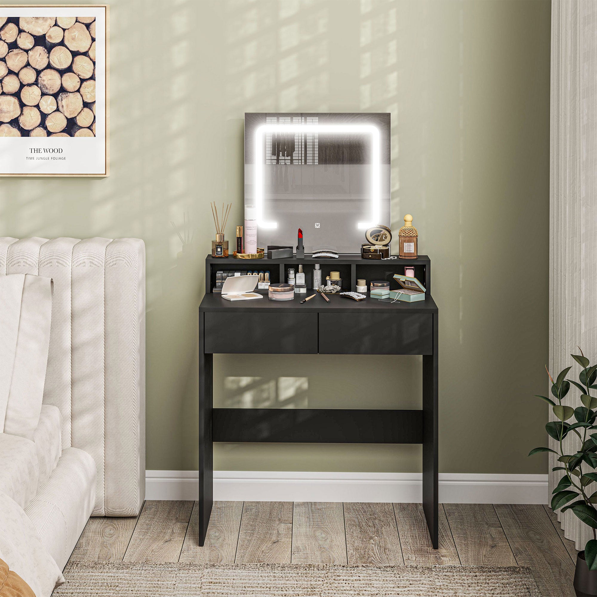 HOMCOM Makeup Vanity Desk with Mirror and Lights, for Bedroom, Modern LED Lighted Dressing Table with 2 Storage Drawers, 3 Compartments, 3 Lighting Modes, for Women Girls, Black