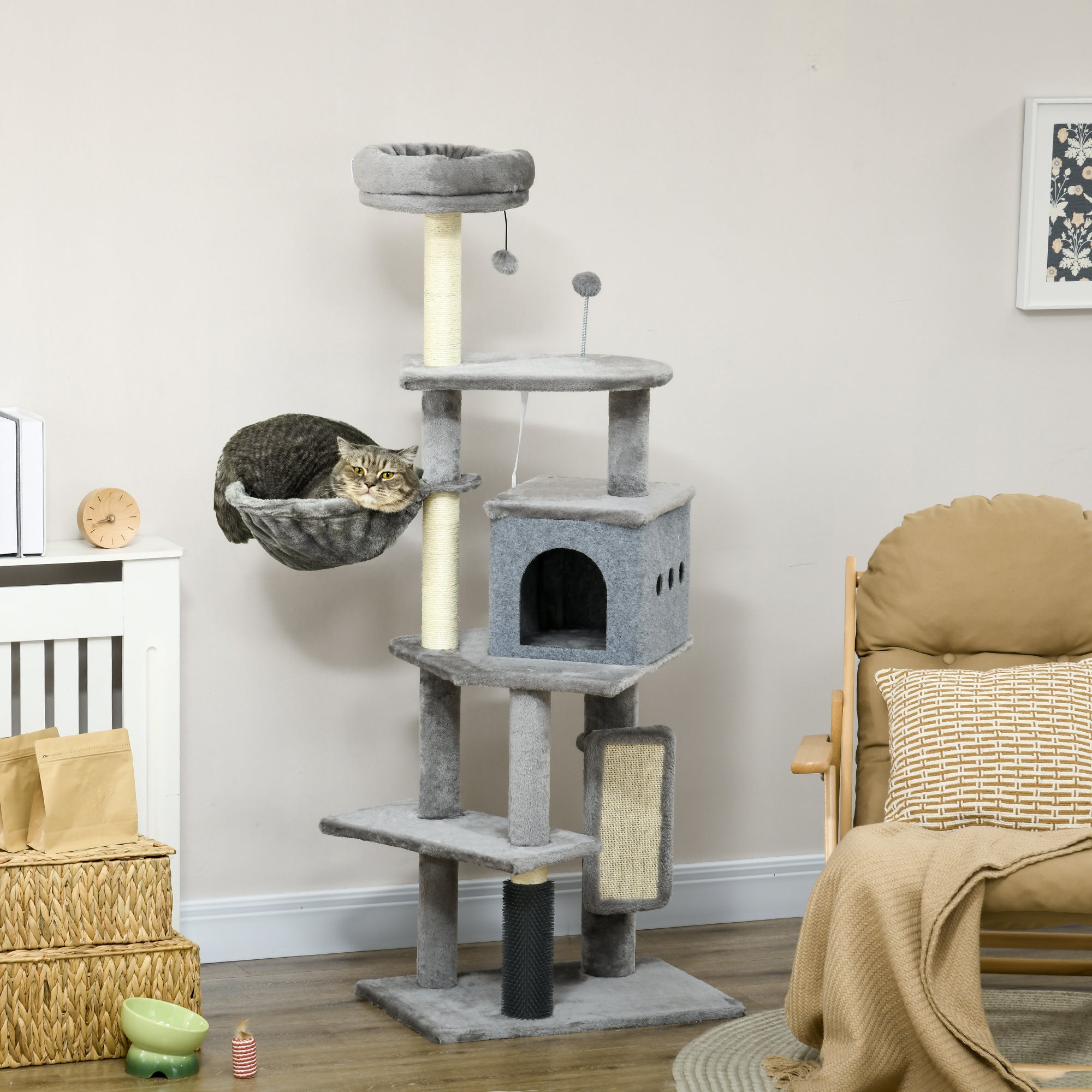 PawHut 59" Cat Tree with Scratching Posts, Self Groomer, Scratching Pad, Large Cat Tower for Indoor Cats with Hammock, Bed, House, Toys, Grey
