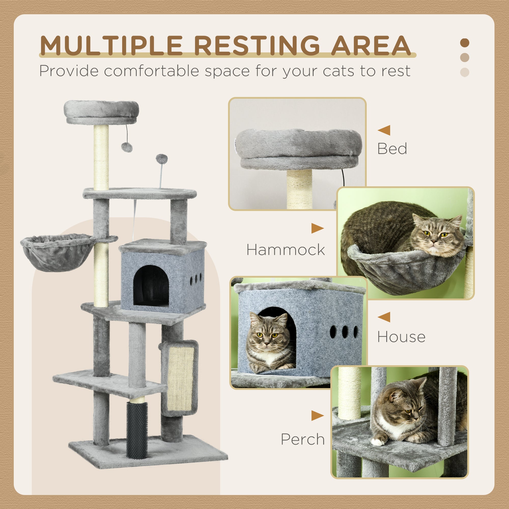 PawHut 59" Cat Tree with Scratching Posts, Self Groomer, Scratching Pad, Large Cat Tower for Indoor Cats with Hammock, Bed, House, Toys, Grey