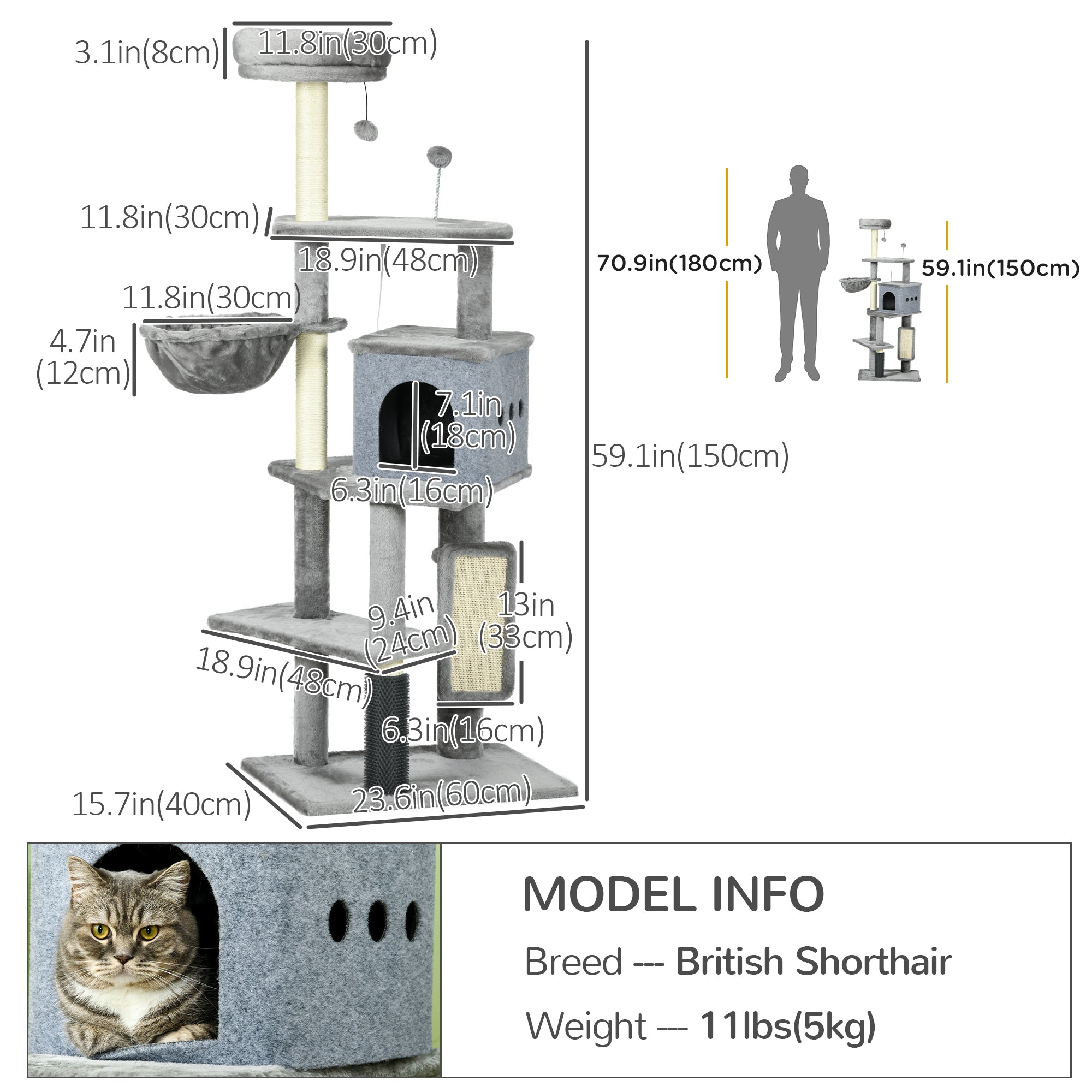 PawHut 59" Cat Tree with Scratching Posts, Self Groomer, Scratching Pad, Large Cat Tower for Indoor Cats with Hammock, Bed, House, Toys, Grey