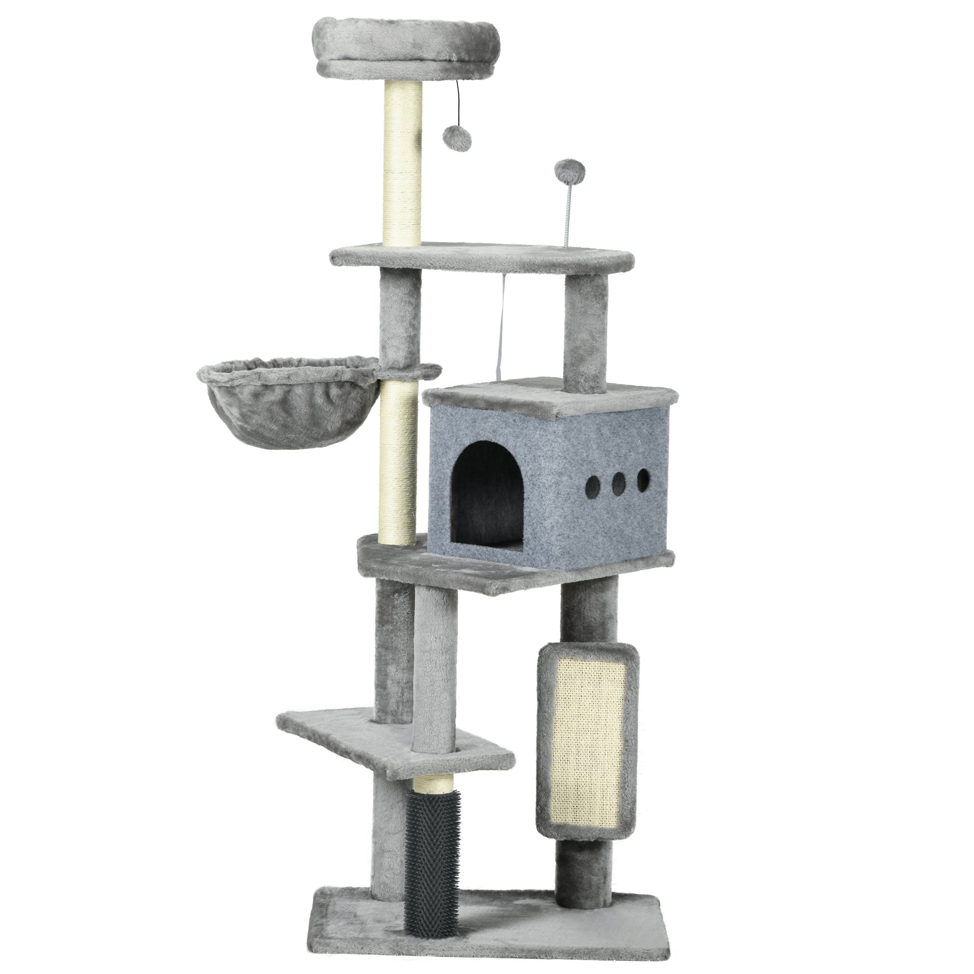 PawHut 59" Cat Tree with Scratching Posts, Self Groomer, Scratching Pad, Large Cat Tower for Indoor Cats with Hammock, Bed, House, Toys, Grey