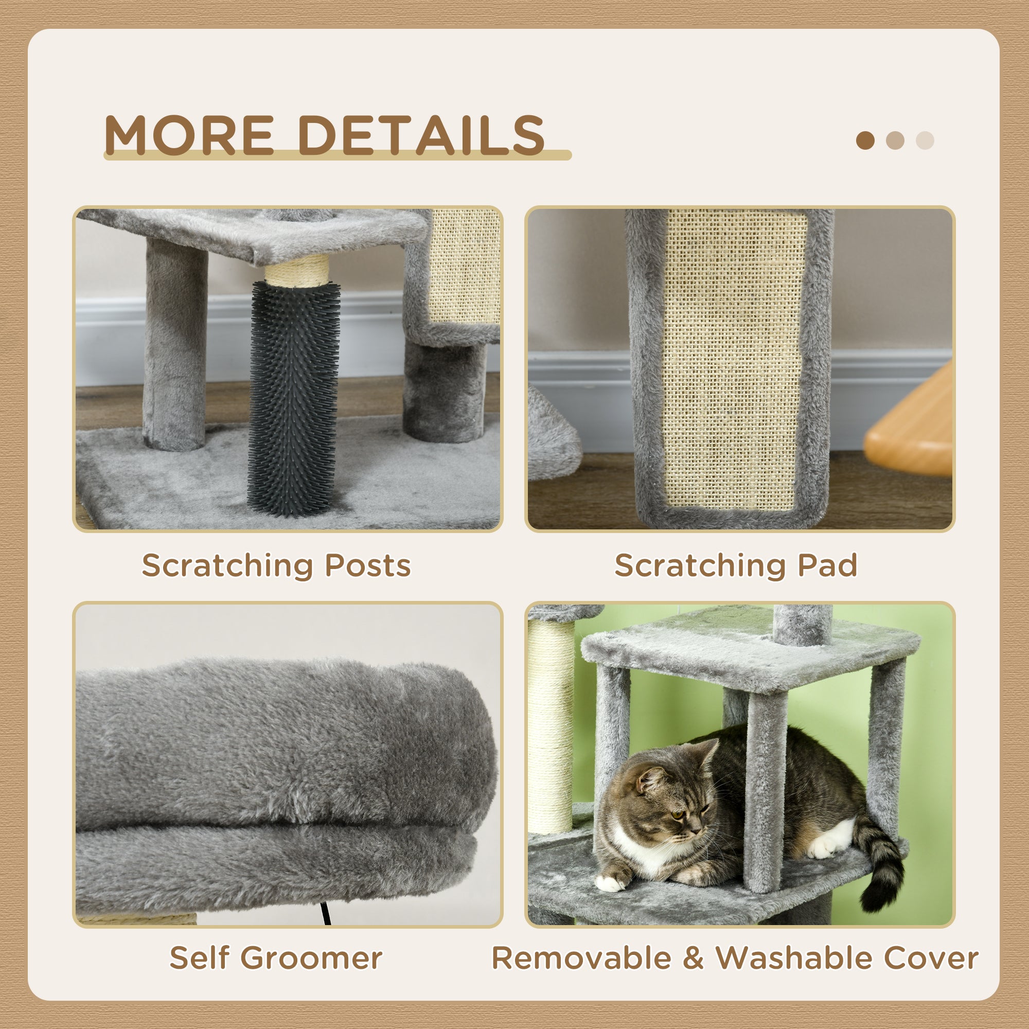 PawHut 59" Cat Tree with Scratching Posts, Self Groomer, Scratching Pad, Large Cat Tower for Indoor Cats with Hammock, Bed, House, Toys, Grey