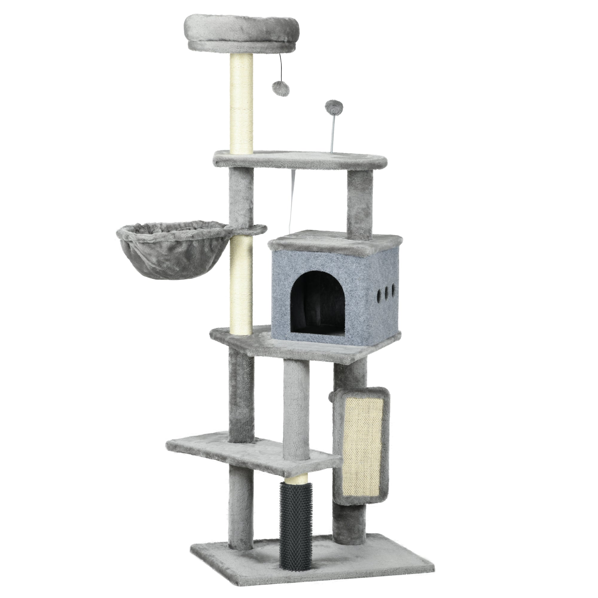 PawHut 59" Cat Tree with Scratching Posts, Self Groomer, Scratching Pad, Large Cat Tower for Indoor Cats with Hammock, Bed, House, Toys, Grey