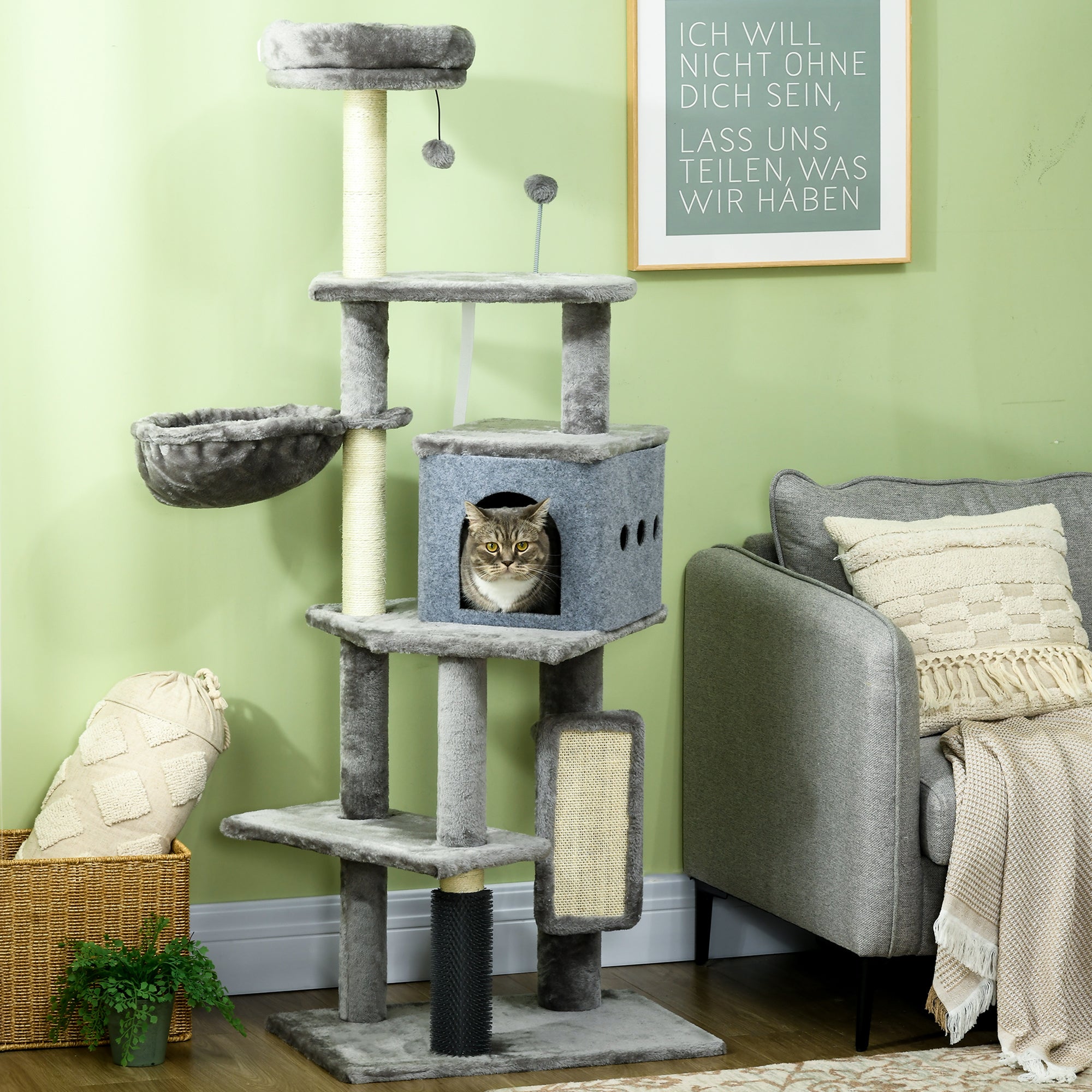 PawHut 59" Cat Tree with Scratching Posts, Self Groomer, Scratching Pad, Large Cat Tower for Indoor Cats with Hammock, Bed, House, Toys, Grey