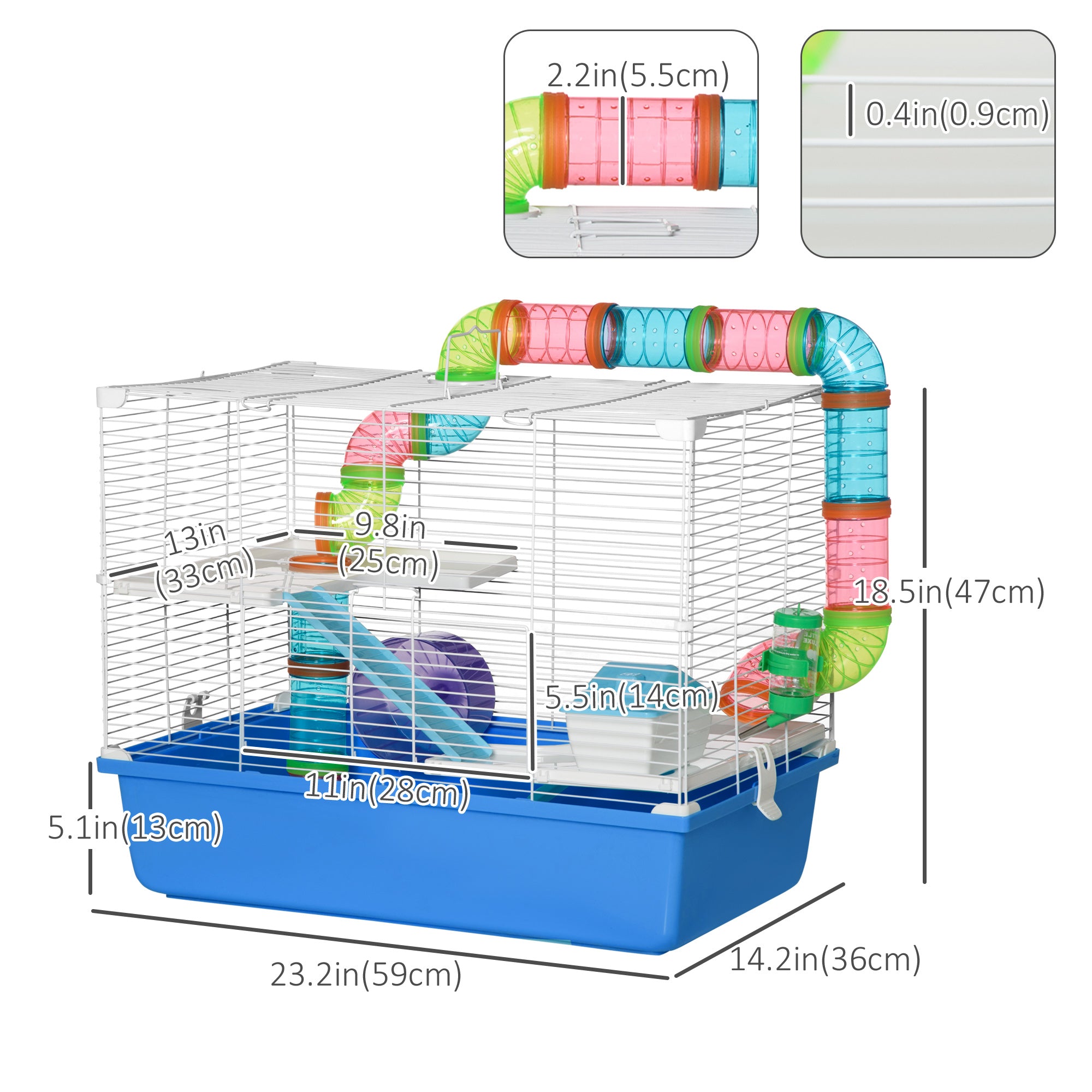 PawHut Hamster Cage, Small Animal House, 3-Level Guinea Pig Cage Gerbil Haven, Tunnel Tube System, with Water Bottle, Exercise Wheel, Food Dish, Ramps, Blue