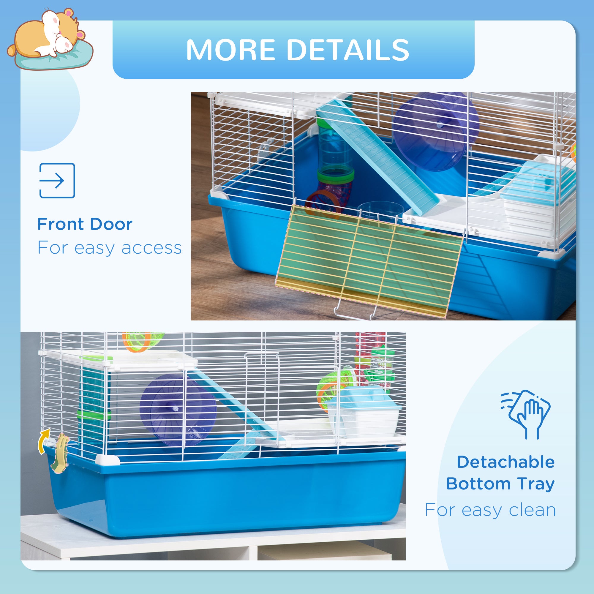 PawHut Hamster Cage, Small Animal House, 3-Level Guinea Pig Cage Gerbil Haven, Tunnel Tube System, with Water Bottle, Exercise Wheel, Food Dish, Ramps, Blue