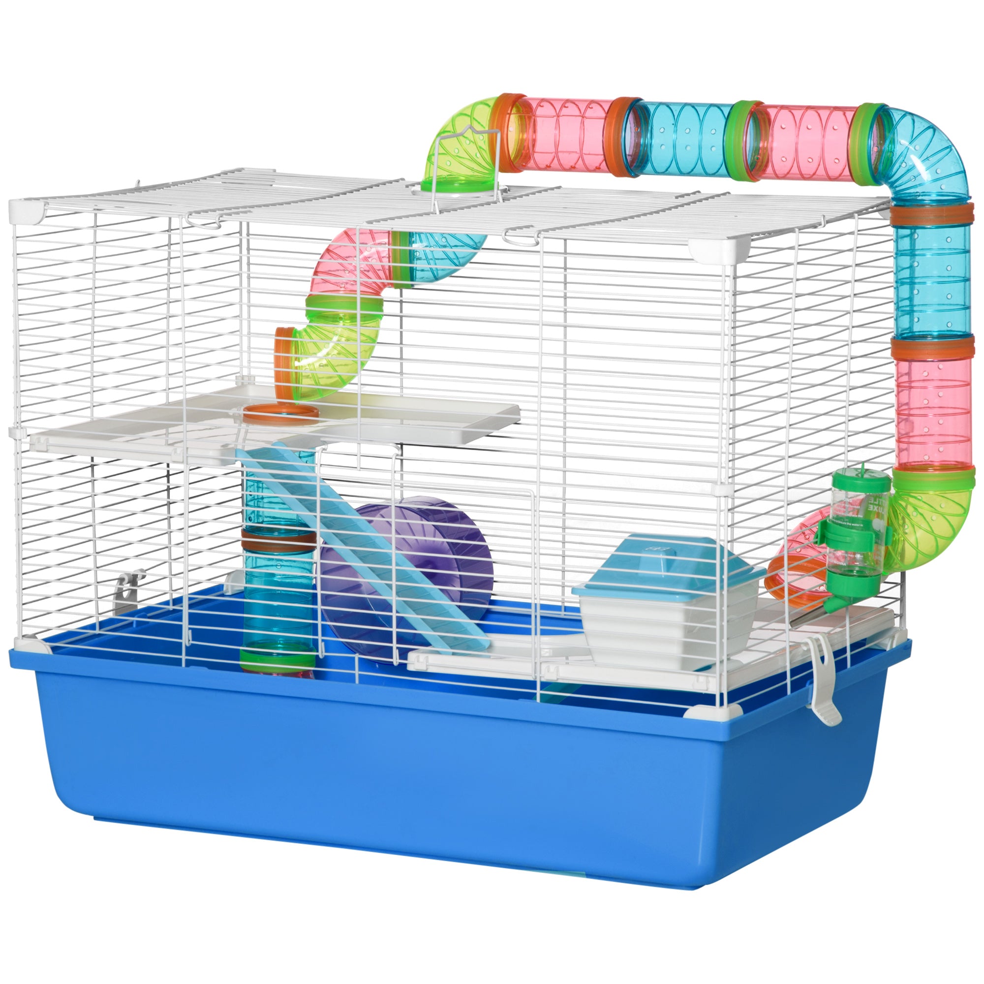PawHut Hamster Cage, Small Animal House, 3-Level Guinea Pig Cage Gerbil Haven, Tunnel Tube System, with Water Bottle, Exercise Wheel, Food Dish, Ramps, Blue