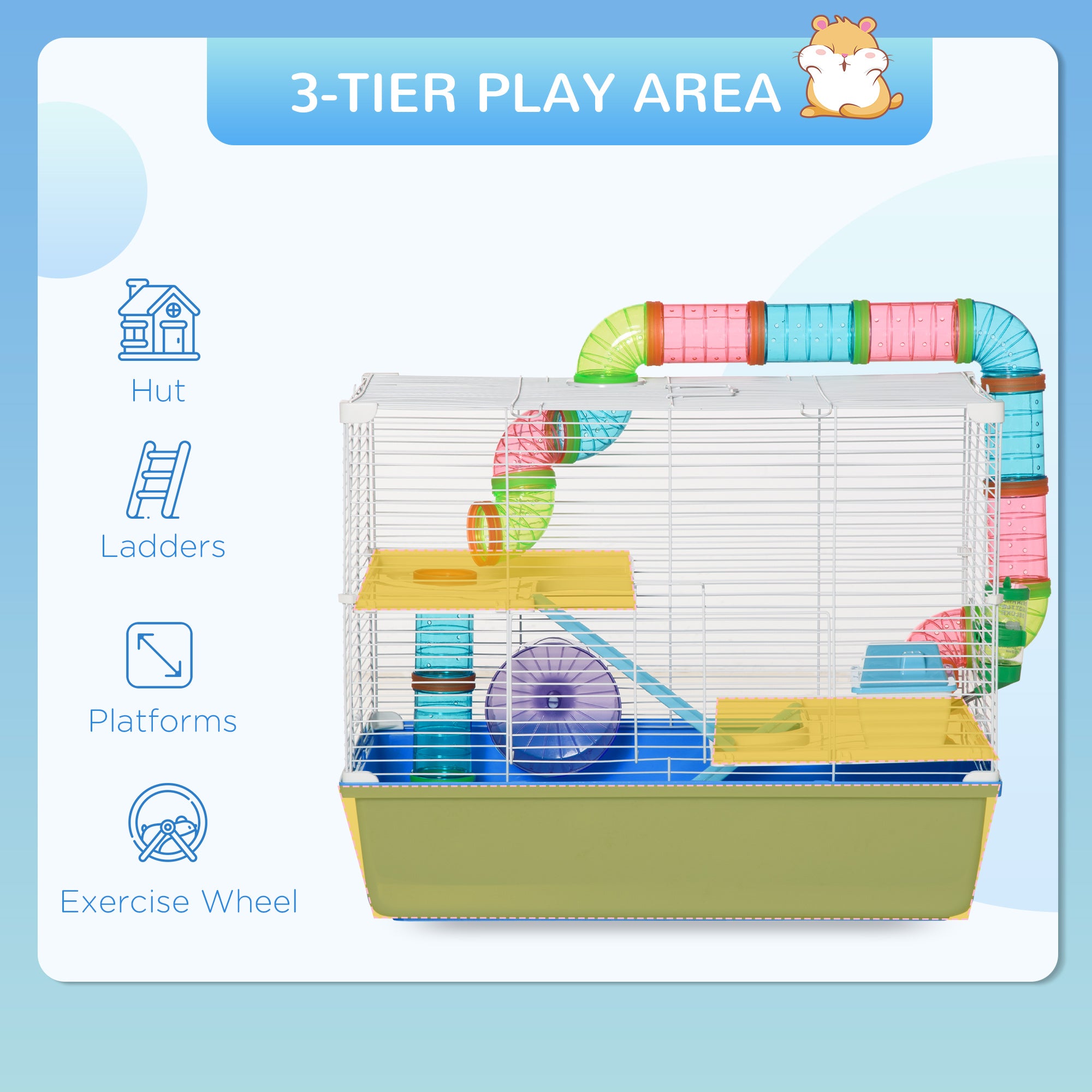 PawHut Hamster Cage, Small Animal House, 3-Level Guinea Pig Cage Gerbil Haven, Tunnel Tube System, with Water Bottle, Exercise Wheel, Food Dish, Ramps, Blue