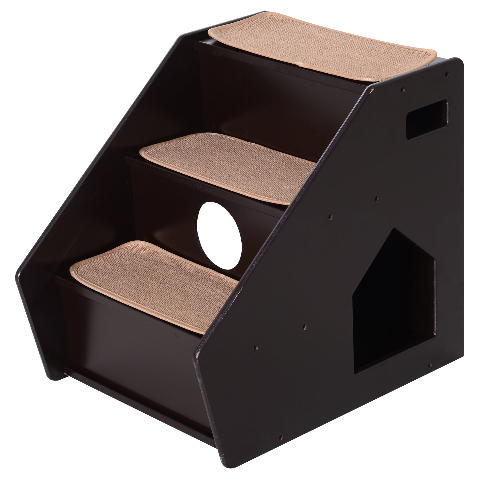 PawHut 3-Step Pet Stairs for Dogs and Cats with Built-in House and Nonslip Carpet, Brown