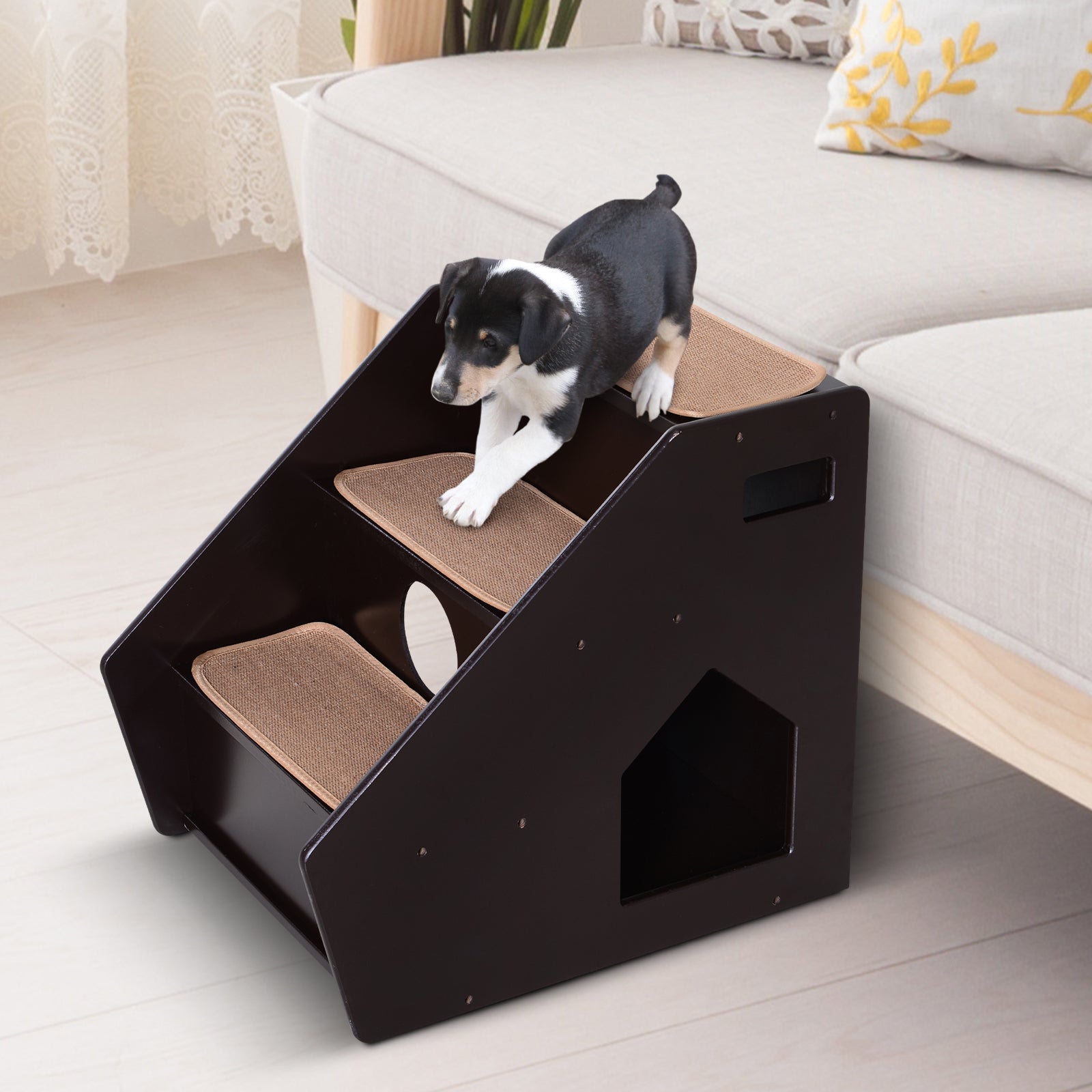 PawHut 3-Step Pet Stairs for Dogs and Cats with Built-in House and Nonslip Carpet, Brown