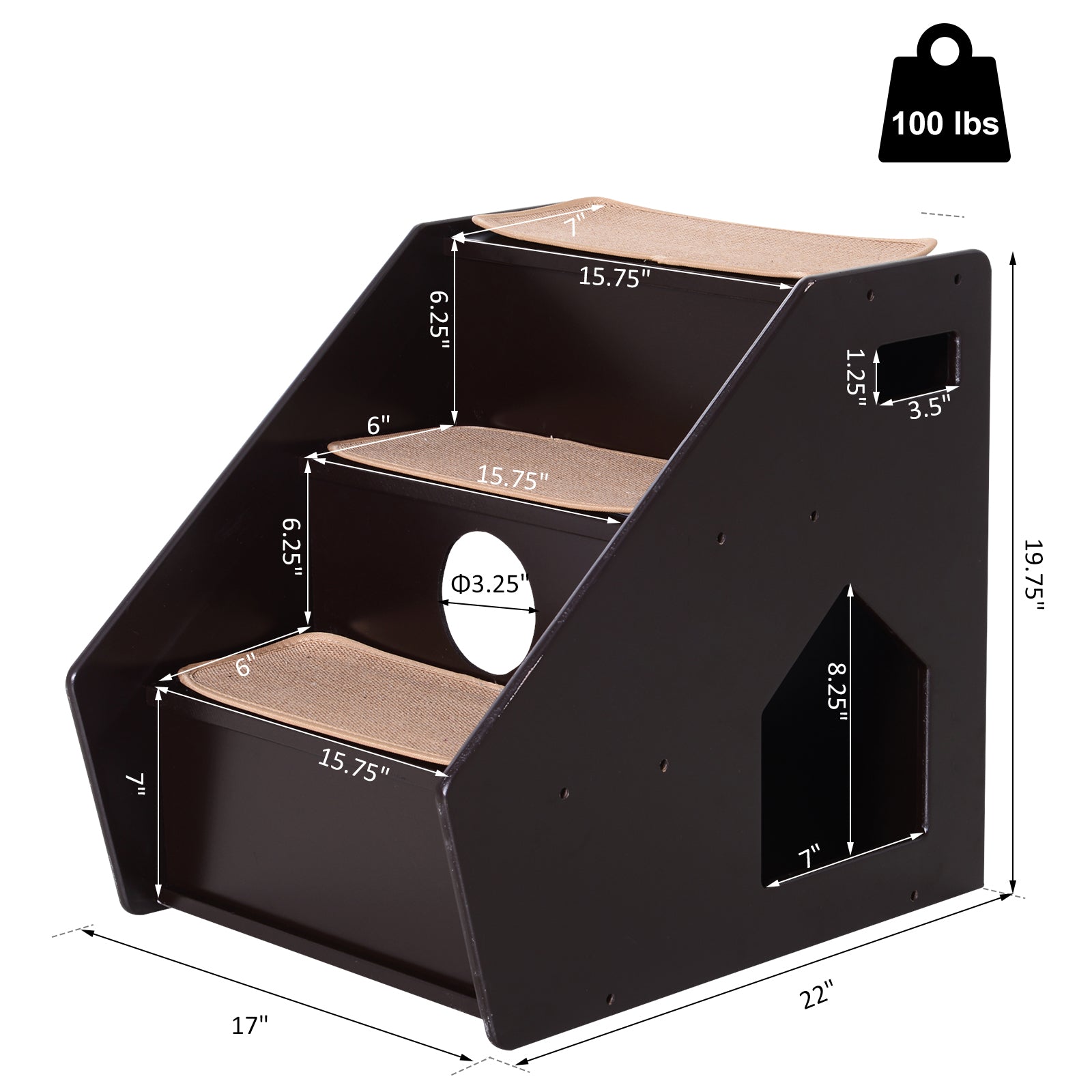 PawHut 3-Step Pet Stairs for Dogs and Cats with Built-in House and Nonslip Carpet, Brown