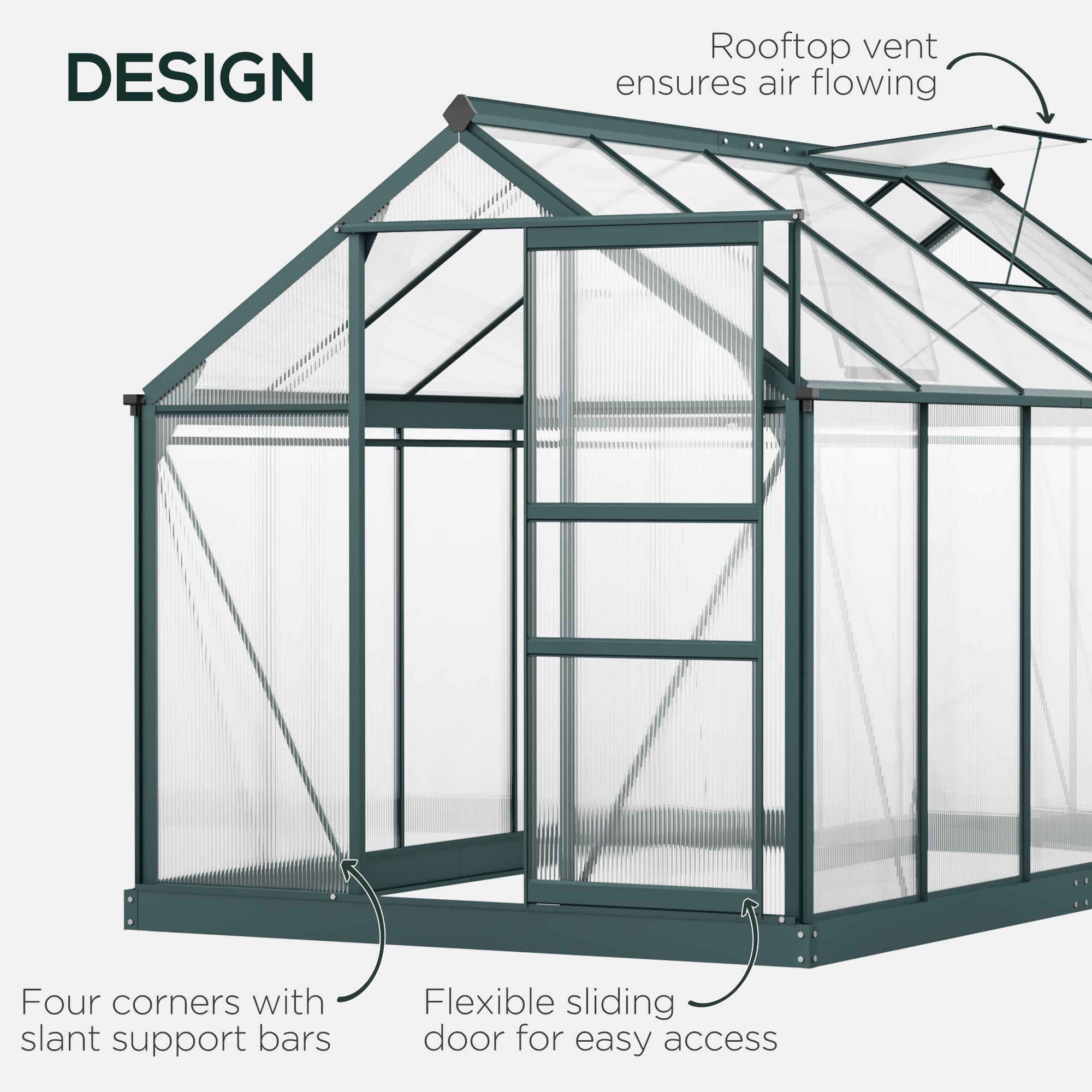 Outsunny 6' x 10' x 6.6' Polycarbonate Greenhouse, Walk-In Green House Kit Garden, Plants Grow, Galvanized Sheet Aluminum Frame with Rain Gutter, Vents and Sliding Door, Green
