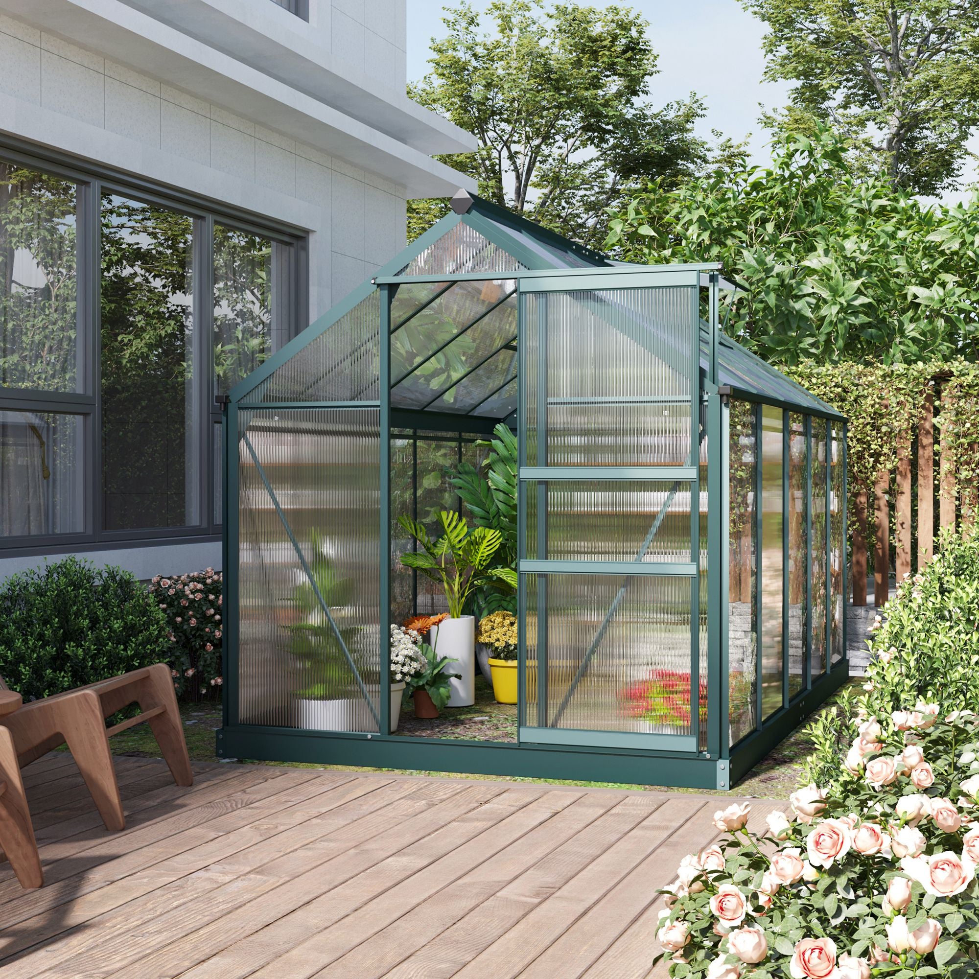 Outsunny 6' x 10' x 6.6' Polycarbonate Greenhouse, Walk-In Green House Kit Garden, Plants Grow, Galvanized Sheet Aluminum Frame with Rain Gutter, Vents and Sliding Door, Green