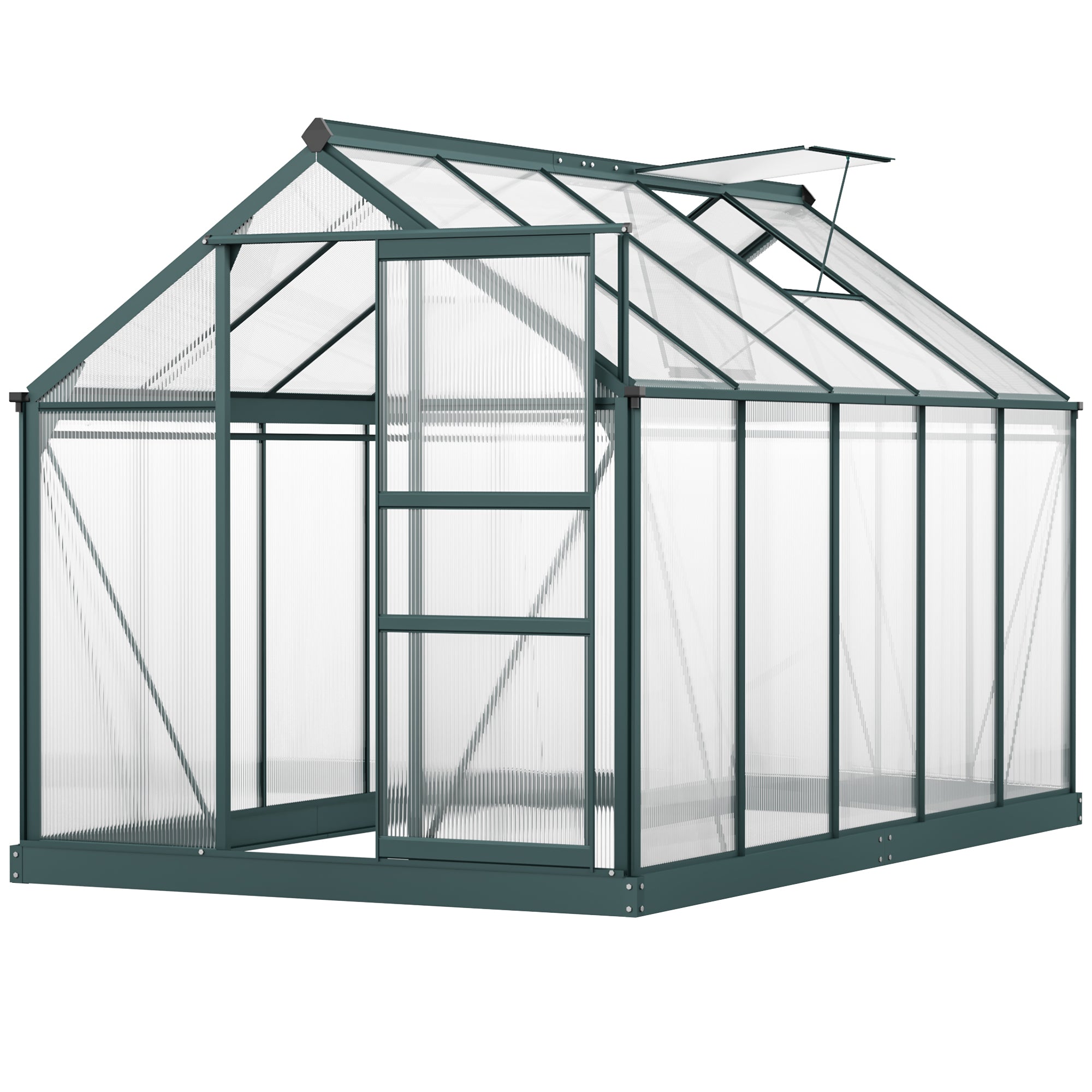 Outsunny 6' x 10' x 6.6' Polycarbonate Greenhouse, Walk-In Green House Kit Garden, Plants Grow, Galvanized Sheet Aluminum Frame with Rain Gutter, Vents and Sliding Door, Green