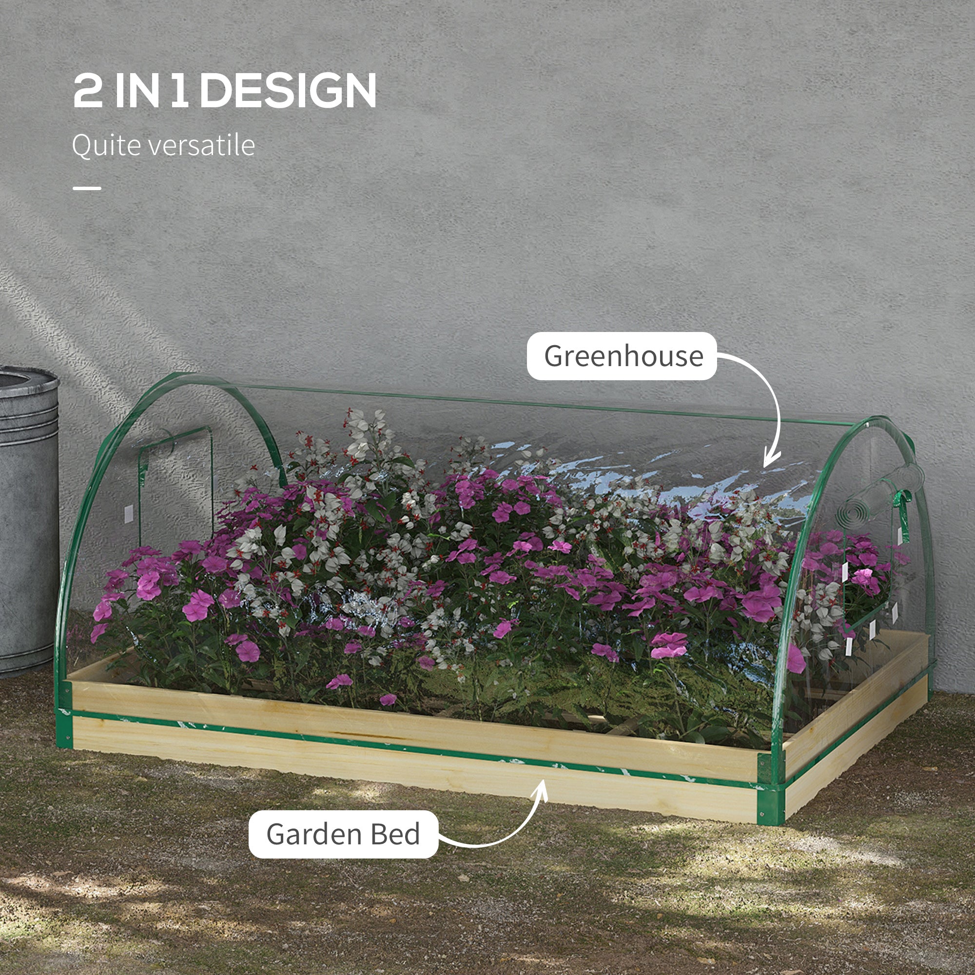 Outsunny 12 Pockets Raised Garden Bed with Greenhouse and Roll Up Windows, Wooden Planter Box Kit with Cover, Dual Use for Vegetables, Flowers, 4' x 3' x 2', Natural Wood