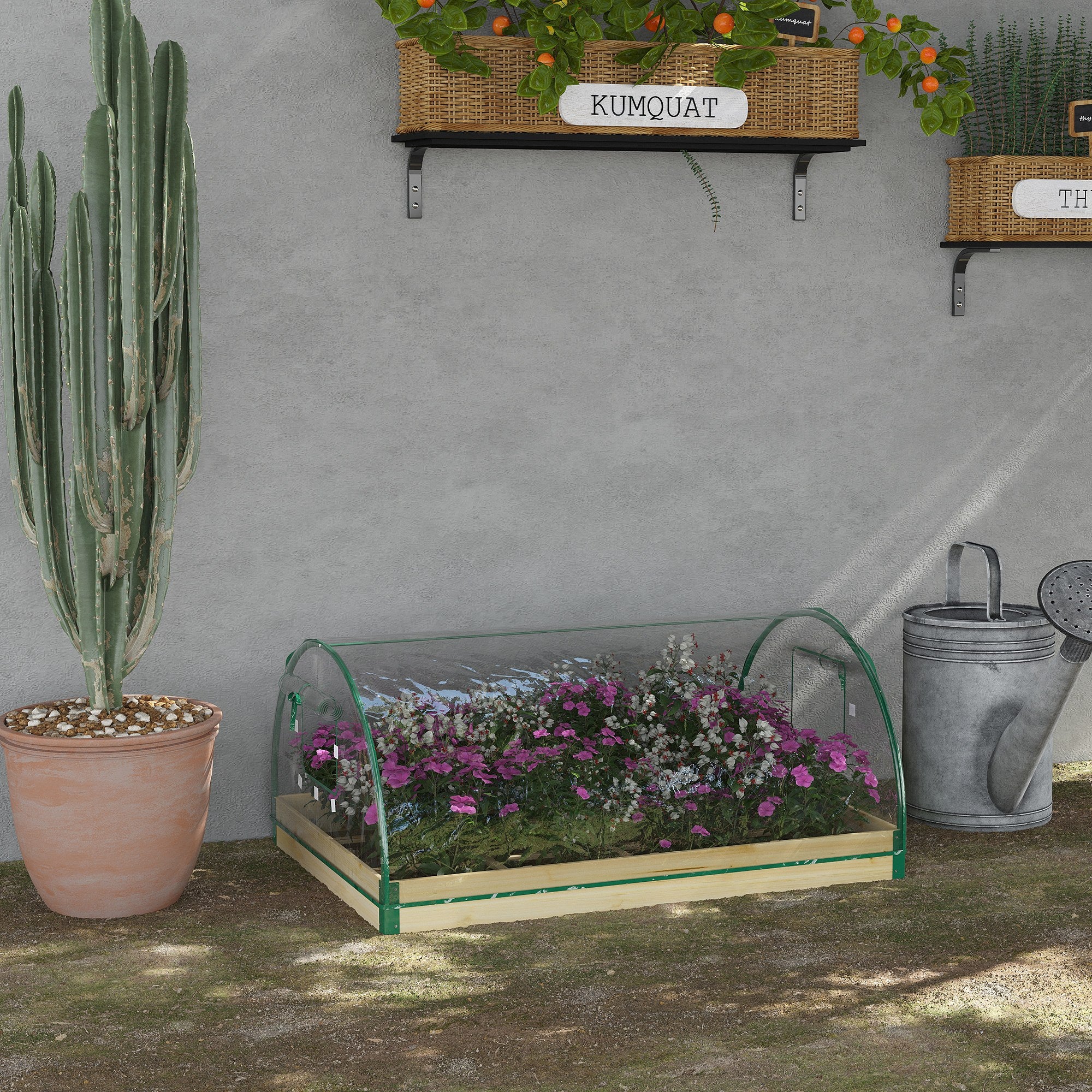 Outsunny 12 Pockets Raised Garden Bed with Greenhouse and Roll Up Windows, Wooden Planter Box Kit with Cover, Dual Use for Vegetables, Flowers, 4' x 3' x 2', Natural Wood