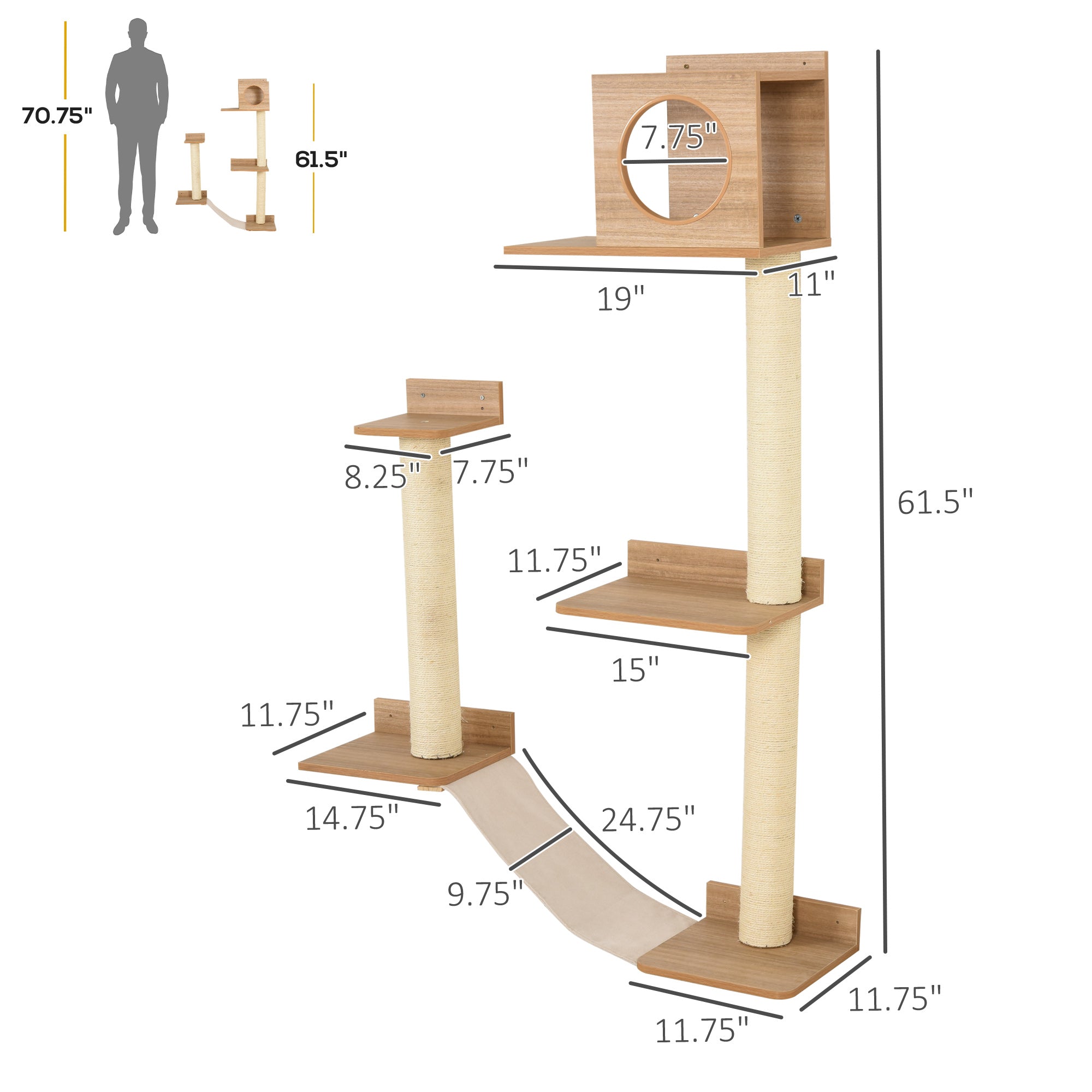 PawHut Cat Shelf for Wall, Multi Level Cat Tree Tower with Cat Condo, Sisal Scratching Posts, Cat Perches, Ladder, Cat Wall Furniture for Indoor Use
