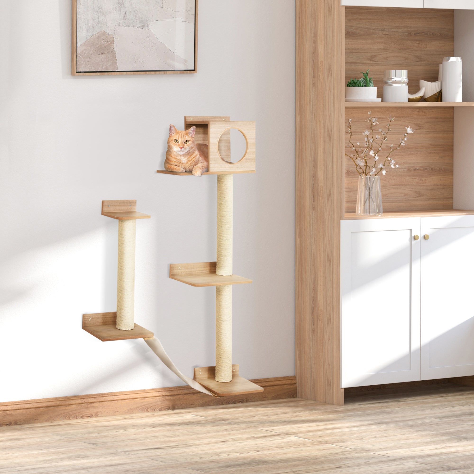 PawHut Cat Shelf for Wall, Multi Level Cat Tree Tower with Cat Condo, Sisal Scratching Posts, Cat Perches, Ladder, Cat Wall Furniture for Indoor Use