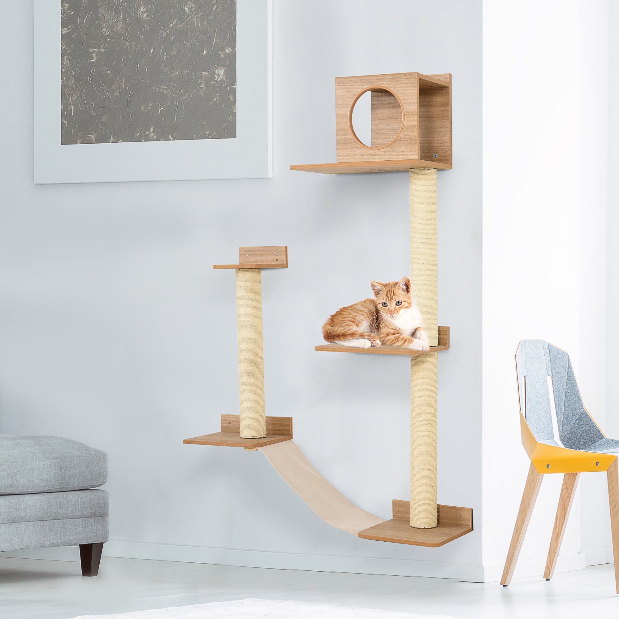PawHut Cat Shelf for Wall, Multi Level Cat Tree Tower with Cat Condo, Sisal Scratching Posts, Cat Perches, Ladder, Cat Wall Furniture for Indoor Use