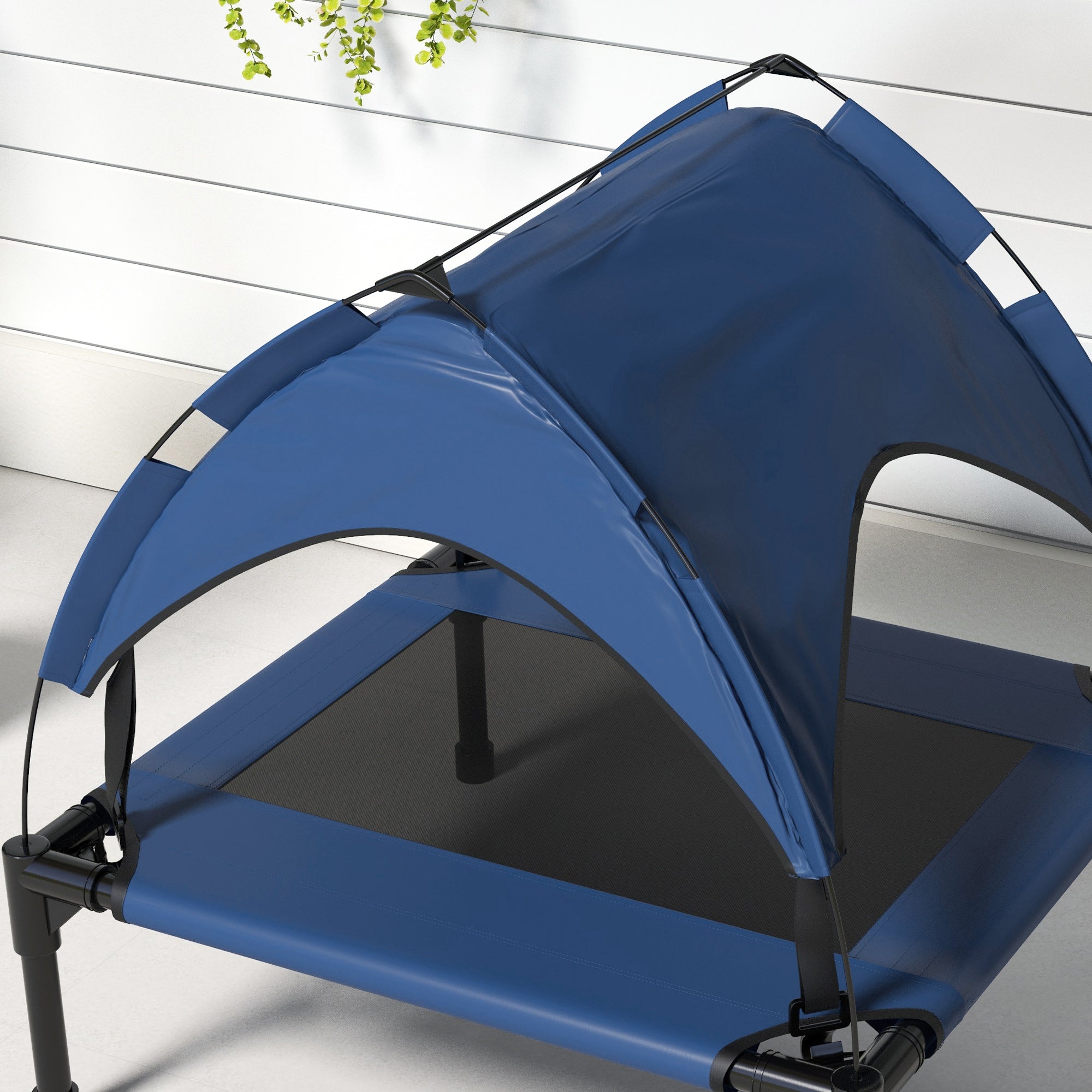 PawHut Cooling Raised Dog Bed, Elevated Pet Bed with Breathable Mesh, UV Protection Canopy, Foot Pads, for Indoor Outdoor, Small, Medium Dogs, 76 x 61 x 69.5cm - Dark Blue