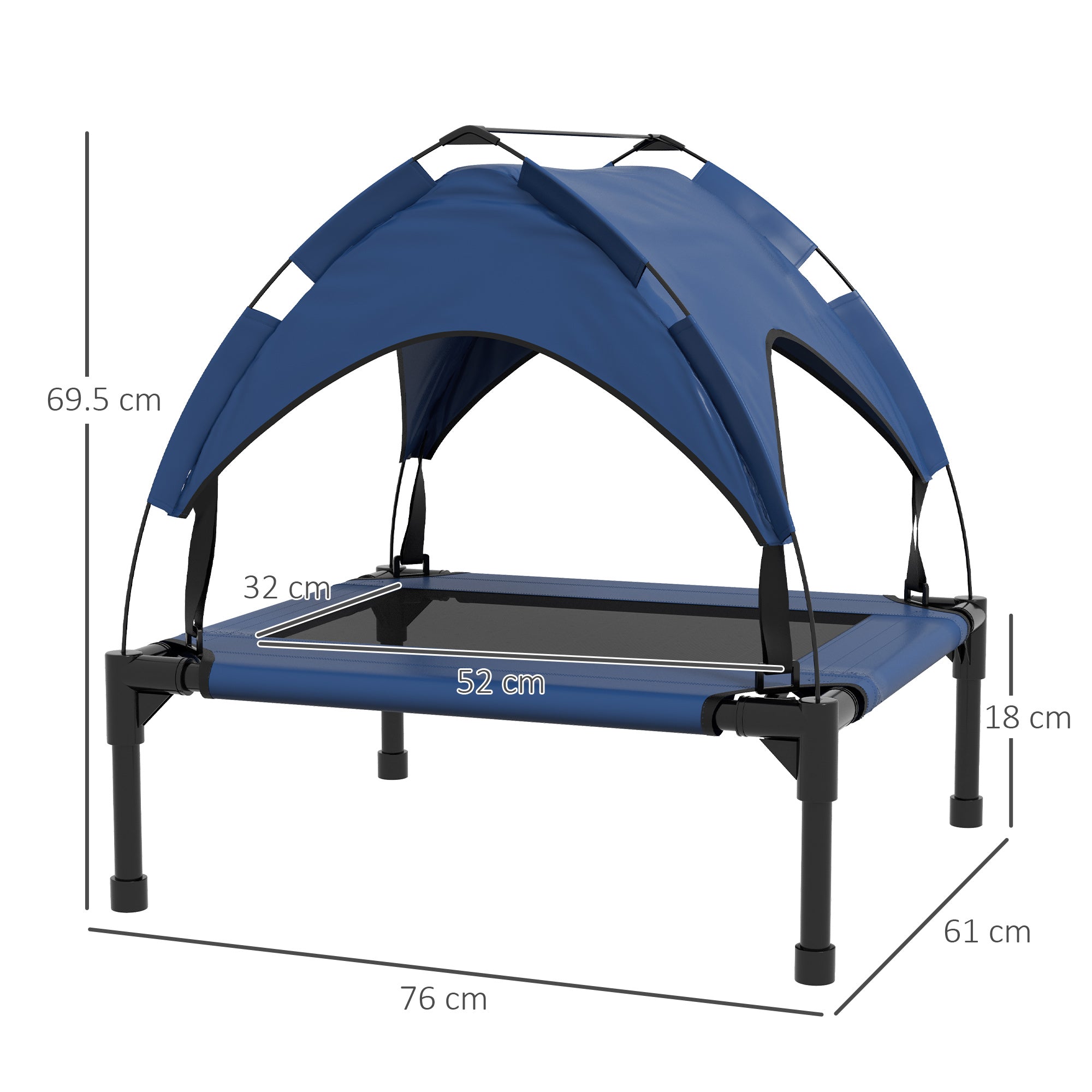 PawHut Cooling Raised Dog Bed, Elevated Pet Bed with Breathable Mesh, UV Protection Canopy, Foot Pads, for Indoor Outdoor, Small, Medium Dogs, 76 x 61 x 69.5cm - Dark Blue