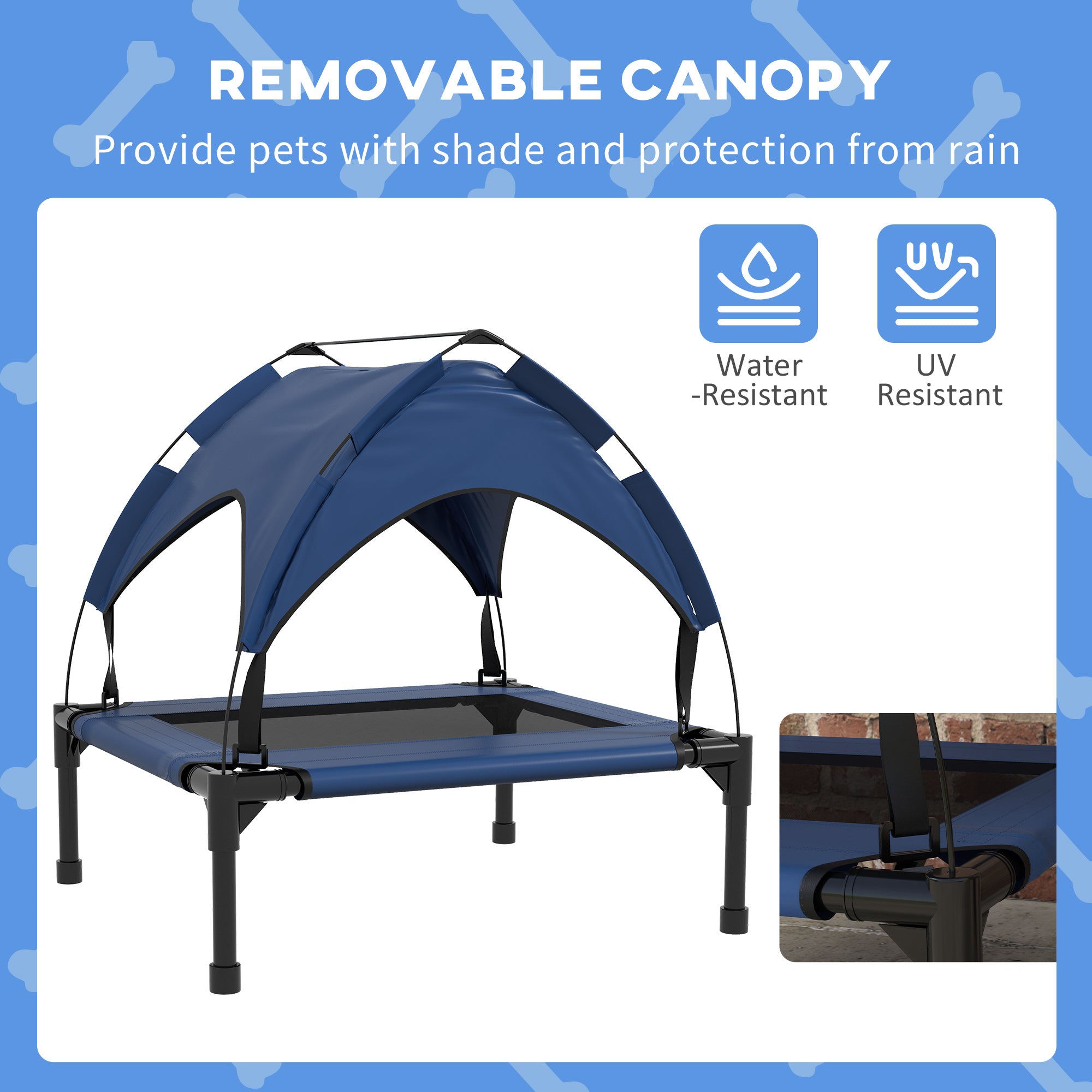 PawHut Cooling Raised Dog Bed, Elevated Pet Bed with Breathable Mesh, UV Protection Canopy, Foot Pads, for Indoor Outdoor, Small, Medium Dogs, 76 x 61 x 69.5cm - Dark Blue