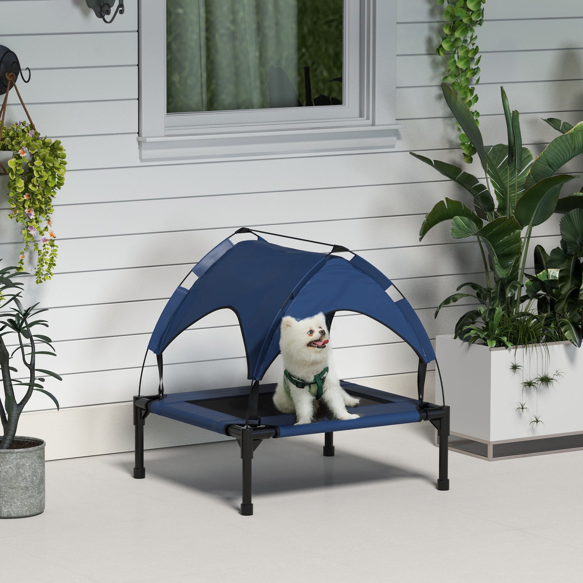 PawHut Cooling Raised Dog Bed, Elevated Pet Bed with Breathable Mesh, UV Protection Canopy, Foot Pads, for Indoor Outdoor, Small, Medium Dogs, 76 x 61 x 69.5cm - Dark Blue