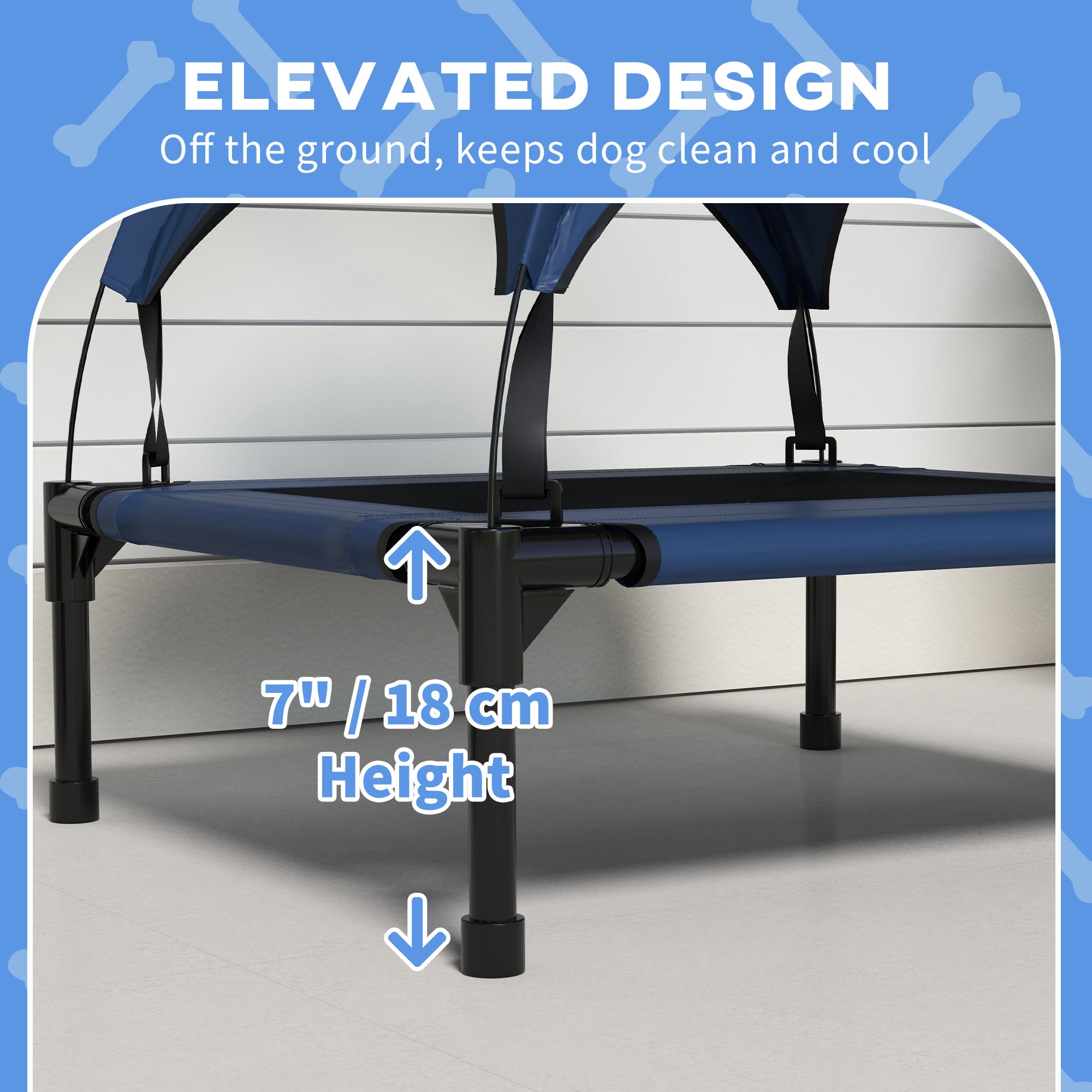 PawHut Cooling Raised Dog Bed, Elevated Pet Bed with Breathable Mesh, UV Protection Canopy, Foot Pads, for Indoor Outdoor, Small, Medium Dogs, 76 x 61 x 69.5cm - Dark Blue