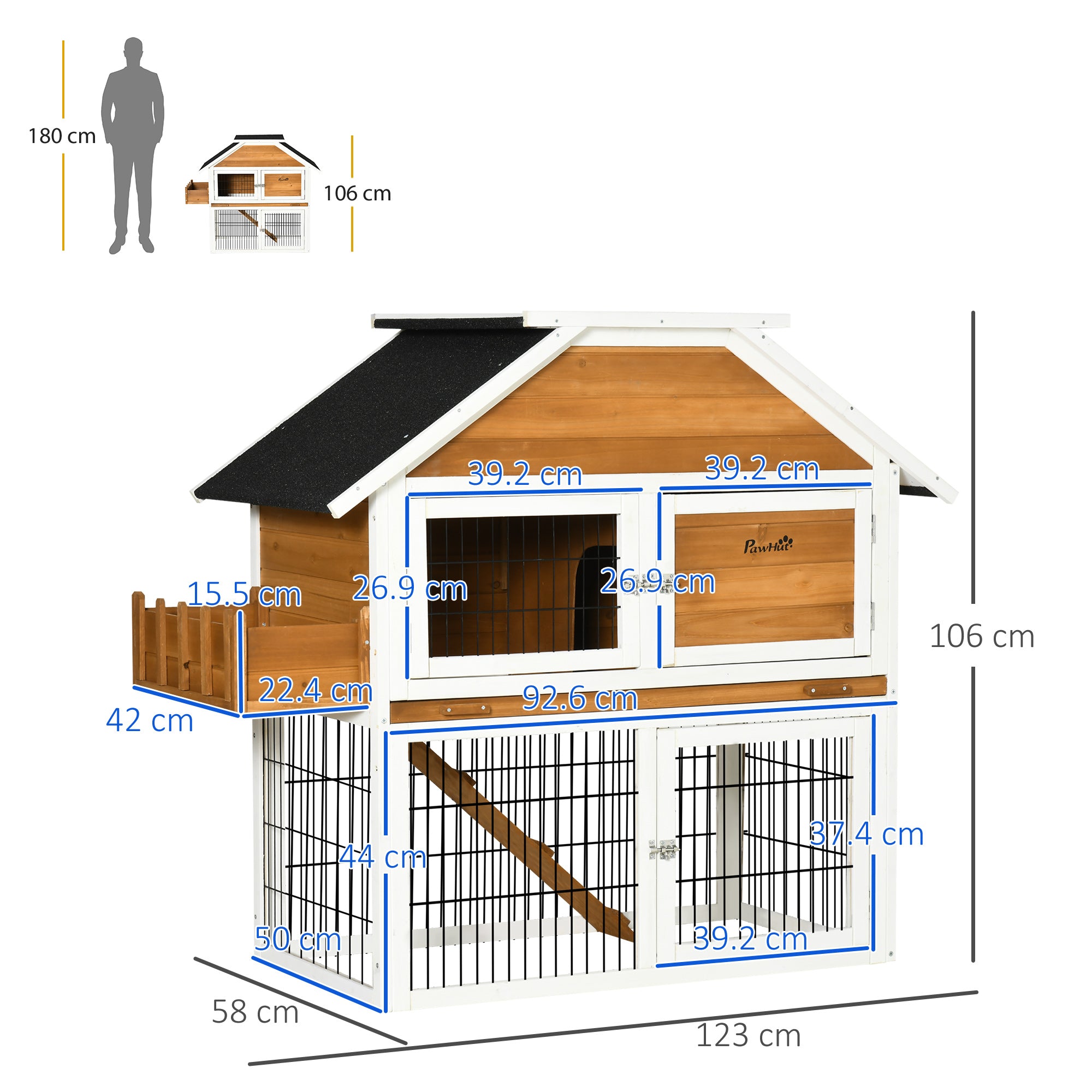 PawHut 4FT Wooden Rabbit Hutch Guinea Pig Cage Bunny Run Small Animal House for Indoor Outdoor with Plant Box, Natural
