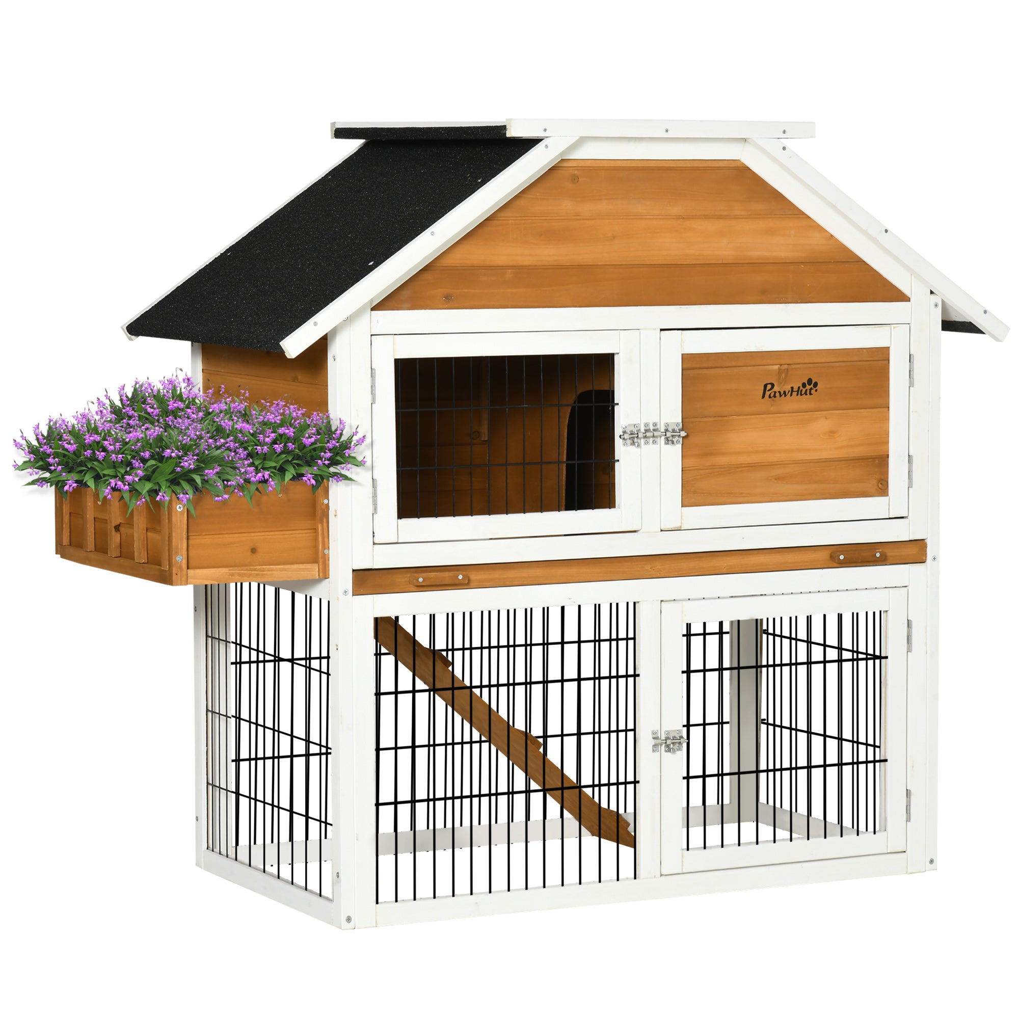 PawHut 4FT Wooden Rabbit Hutch Guinea Pig Cage Bunny Run Small Animal House for Indoor Outdoor with Plant Box, Natural