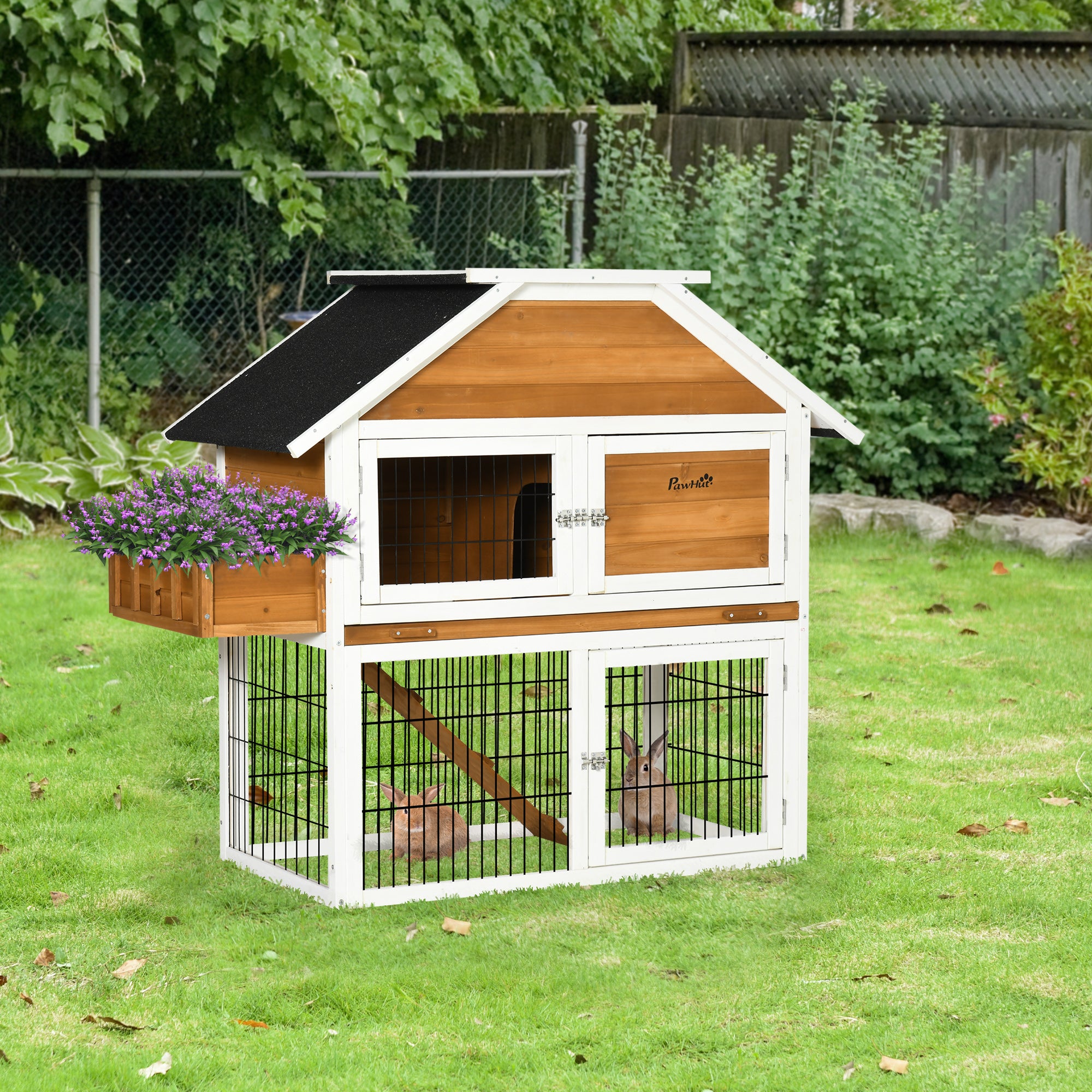 PawHut 4FT Wooden Rabbit Hutch Guinea Pig Cage Bunny Run Small Animal House for Indoor Outdoor with Plant Box, Natural