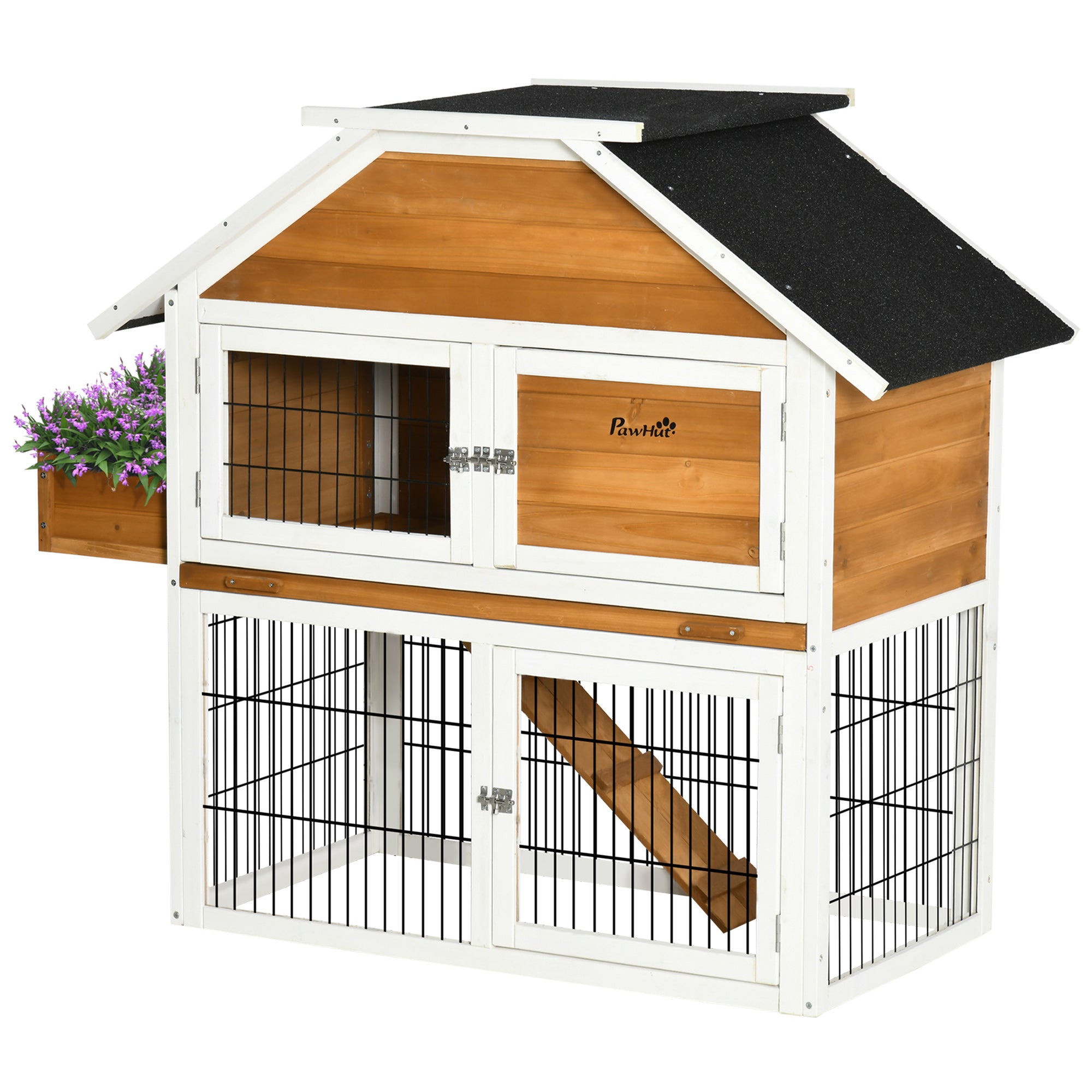 PawHut 4FT Wooden Rabbit Hutch Guinea Pig Cage Bunny Run Small Animal House for Indoor Outdoor with Plant Box, Natural