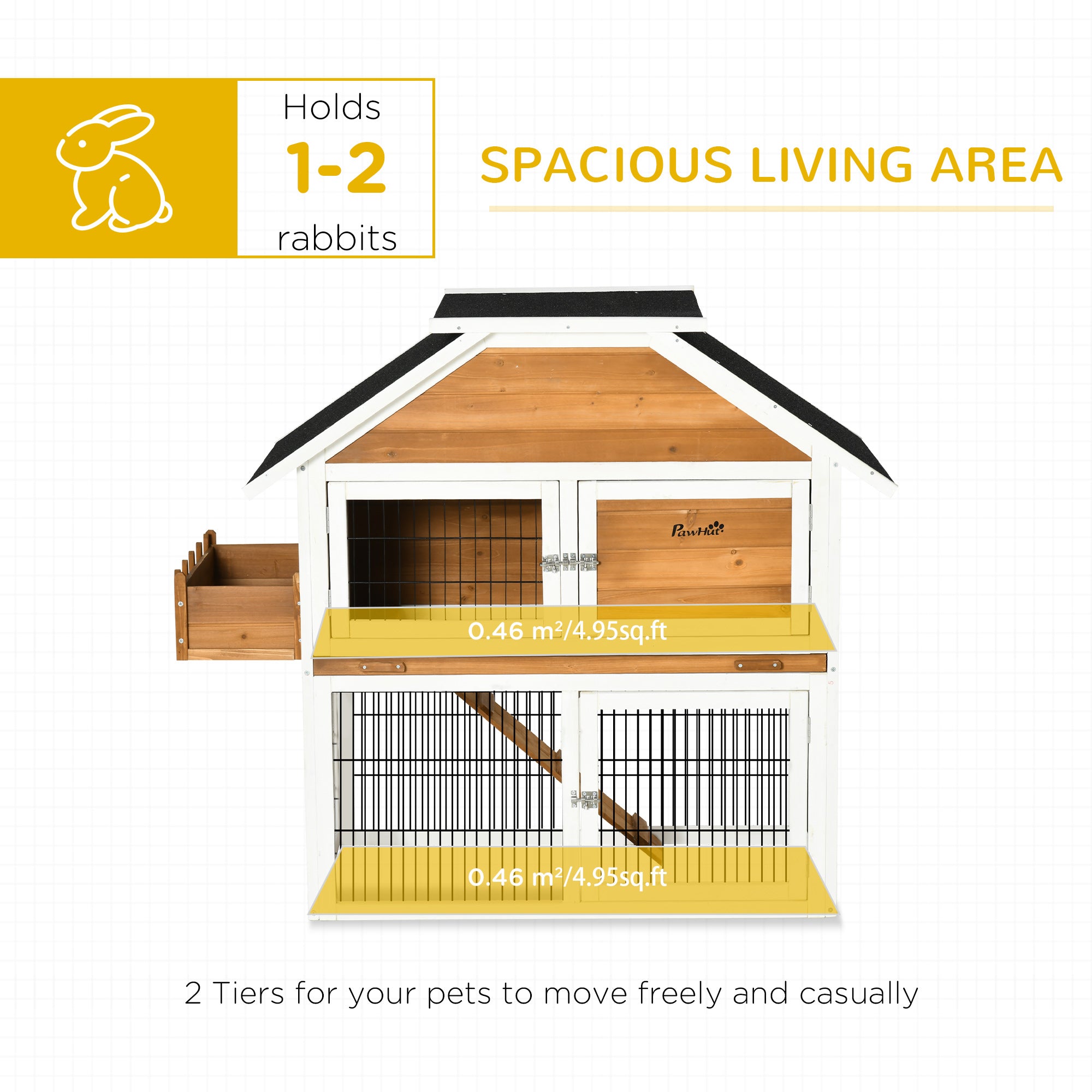 PawHut 4FT Wooden Rabbit Hutch Guinea Pig Cage Bunny Run Small Animal House for Indoor Outdoor with Plant Box, Natural