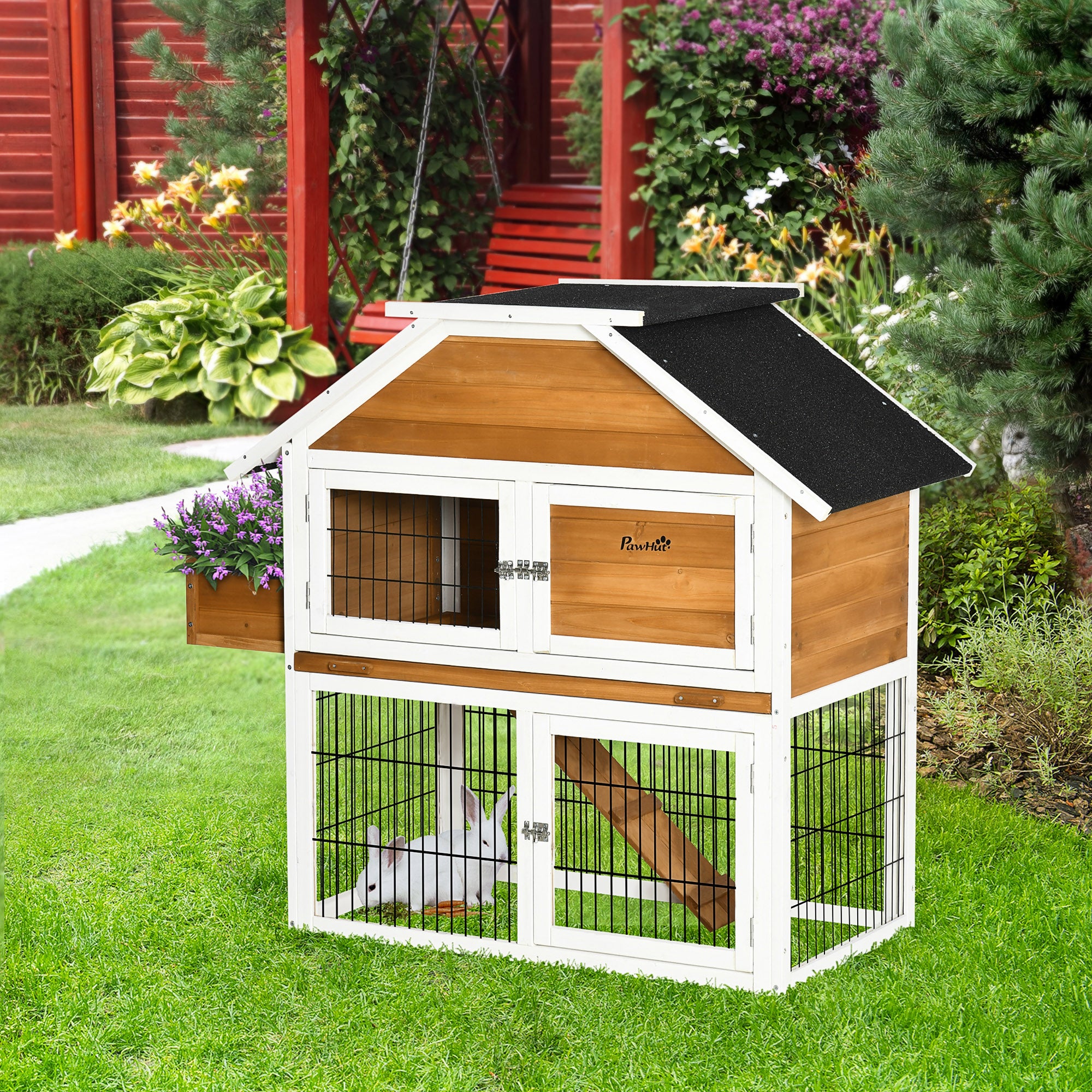 PawHut 4FT Wooden Rabbit Hutch Guinea Pig Cage Bunny Run Small Animal House for Indoor Outdoor with Plant Box, Natural