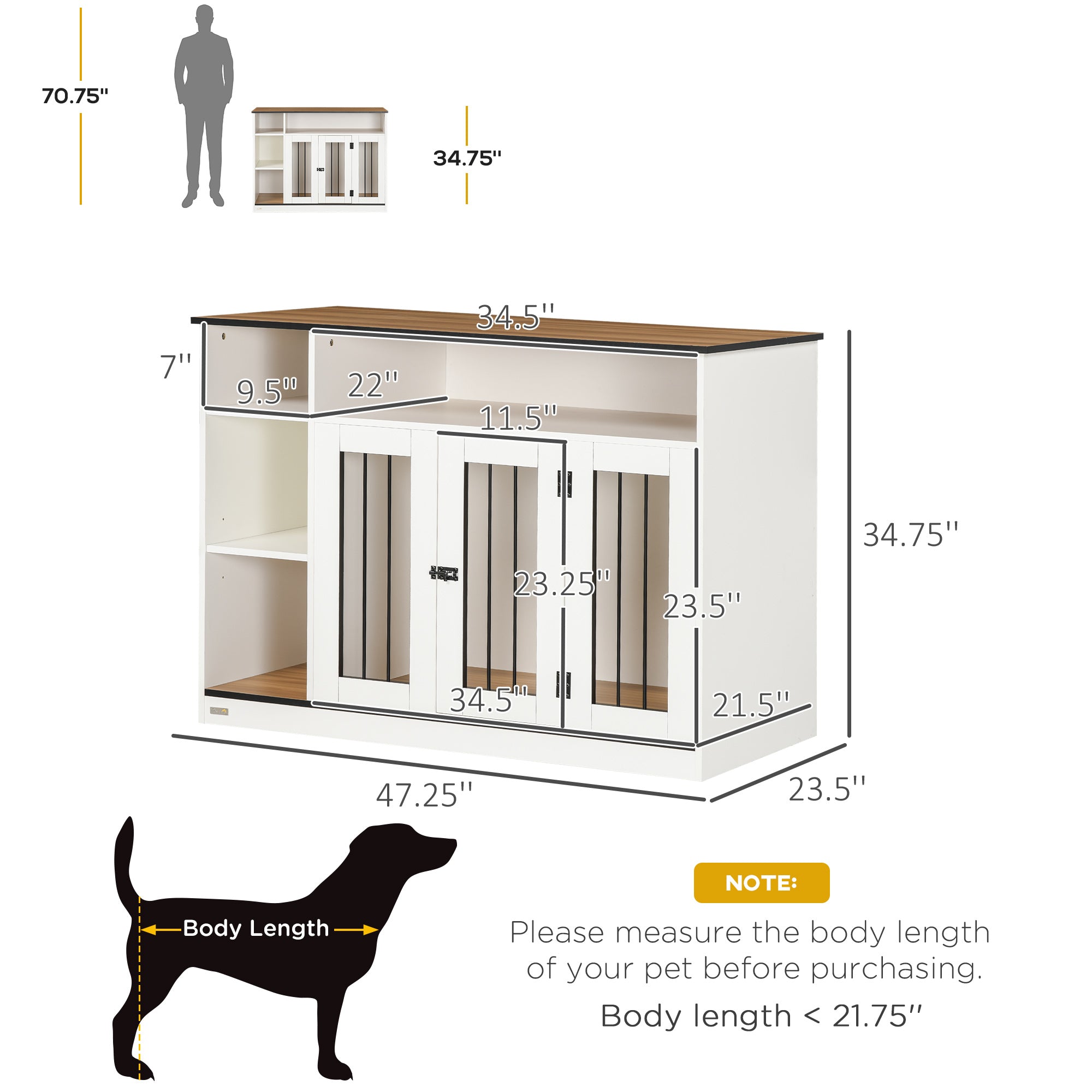 PawHut Dog Crate Furniture with Adjustable Shelf, Dog Kennel End Table, Indoor Pet Crate for Medium and Large Dogs, with Large Flat Surface, 47" x 23.5" x 35", White