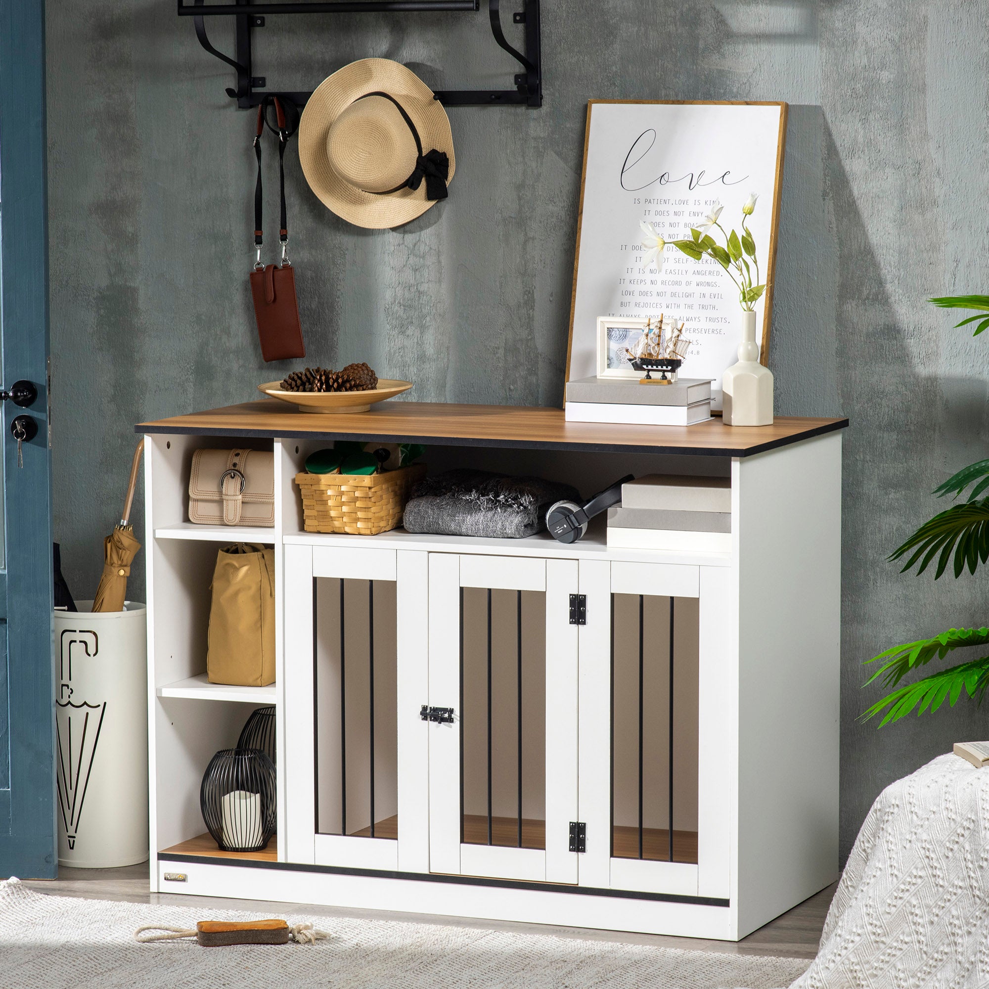 PawHut Dog Crate Furniture with Adjustable Shelf, Dog Kennel End Table, Indoor Pet Crate for Medium and Large Dogs, with Large Flat Surface, 47" x 23.5" x 35", White
