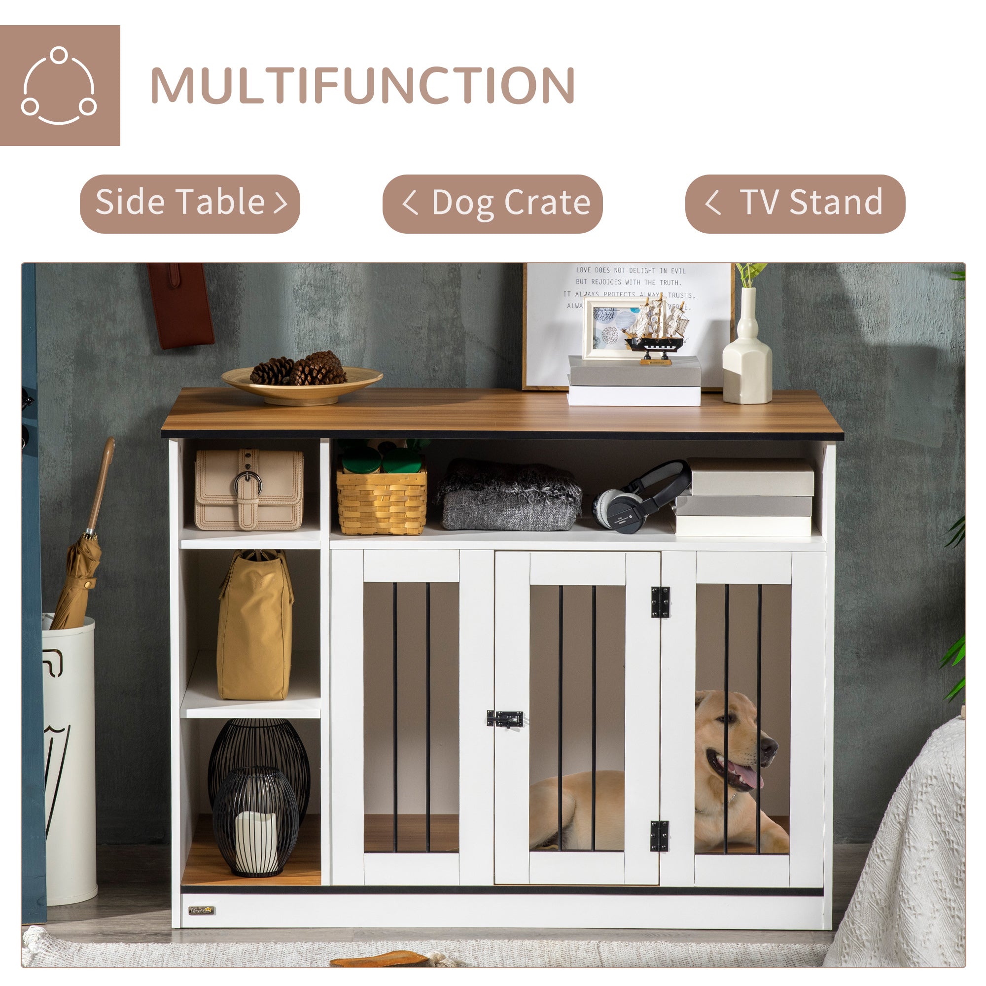 PawHut Dog Crate Furniture with Adjustable Shelf, Dog Kennel End Table, Indoor Pet Crate for Medium and Large Dogs, with Large Flat Surface, 47" x 23.5" x 35", White