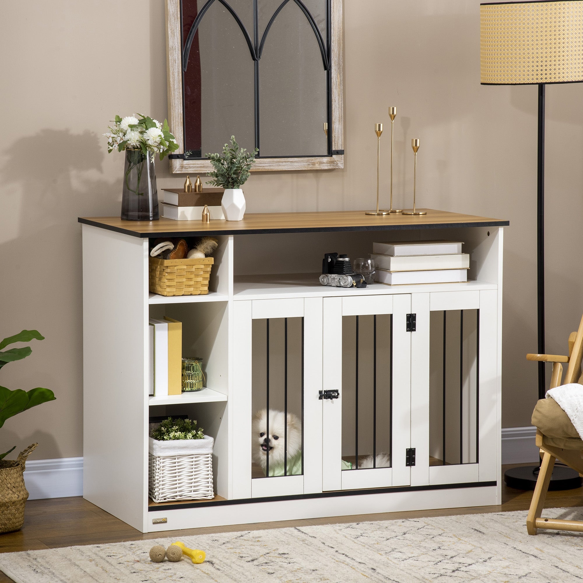 PawHut Dog Crate Furniture with Adjustable Shelf, Dog Kennel End Table, Indoor Pet Crate for Medium and Large Dogs, with Large Flat Surface, 47" x 23.5" x 35", White