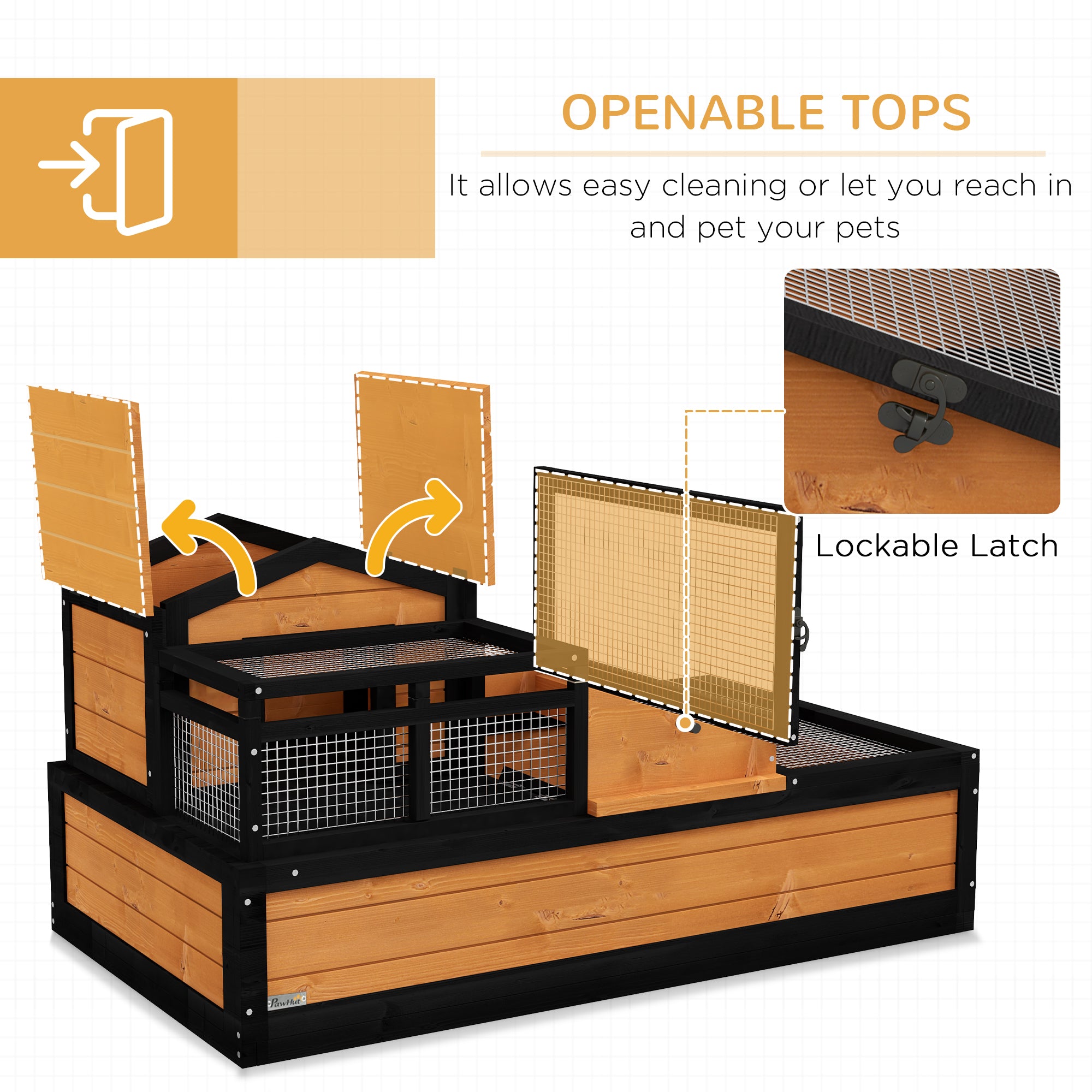 PawHut Tortoise House 3-Room Wooden Tortoise Enclosure Large Reptile Cage with 2 Stories, Ladder, Balcony, Tray, Openable Roof, 59H x 112L x 65Wcm, Yellow