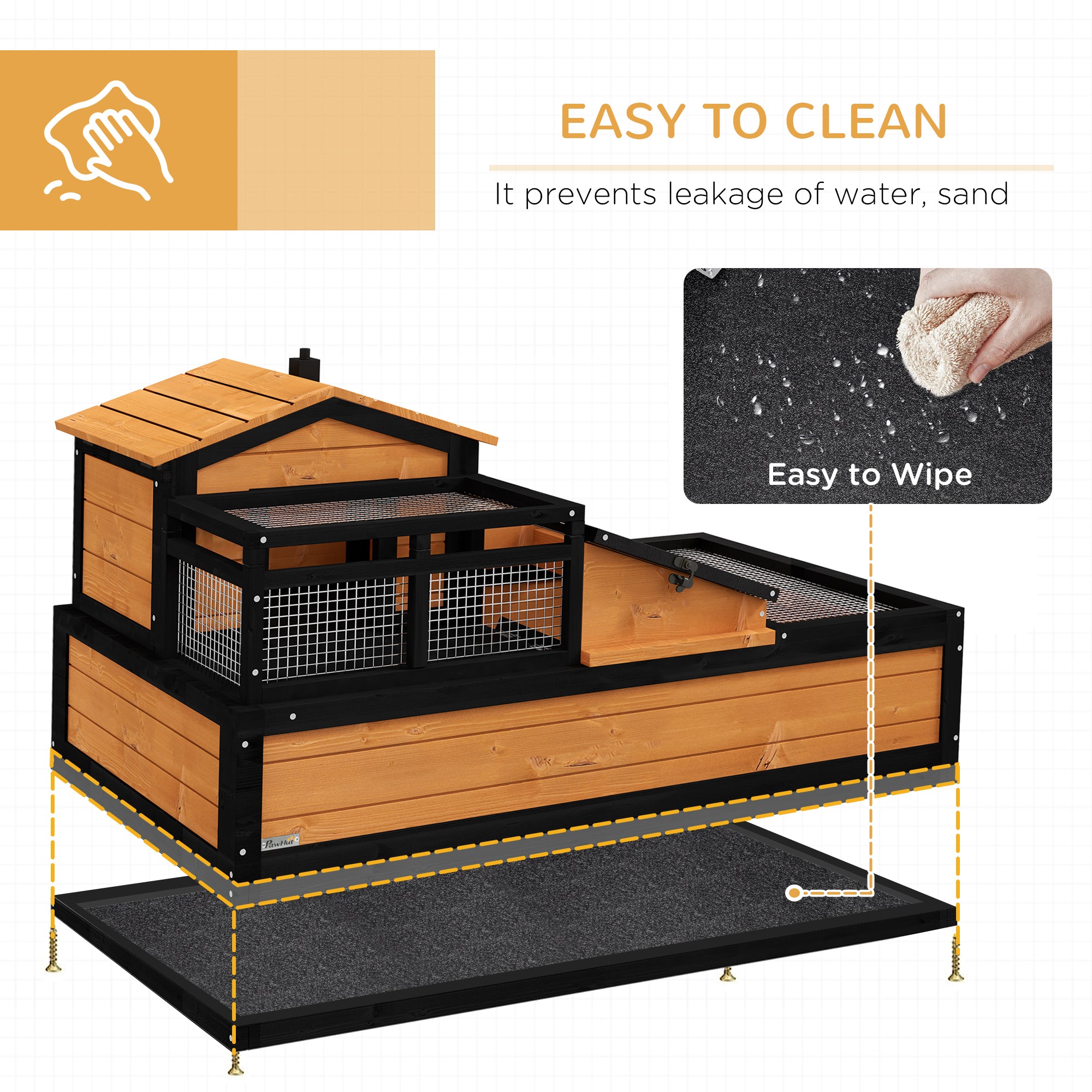 PawHut Tortoise House 3-Room Wooden Tortoise Enclosure Large Reptile Cage with 2 Stories, Ladder, Balcony, Tray, Openable Roof, 59H x 112L x 65Wcm, Yellow