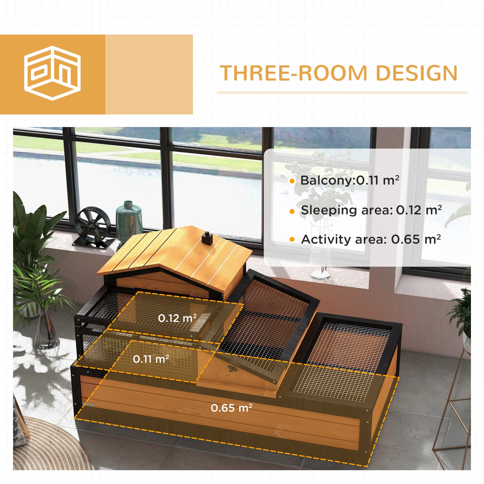 PawHut Tortoise House 3-Room Wooden Tortoise Enclosure Large Reptile Cage with 2 Stories, Ladder, Balcony, Tray, Openable Roof, 59H x 112L x 65Wcm, Yellow