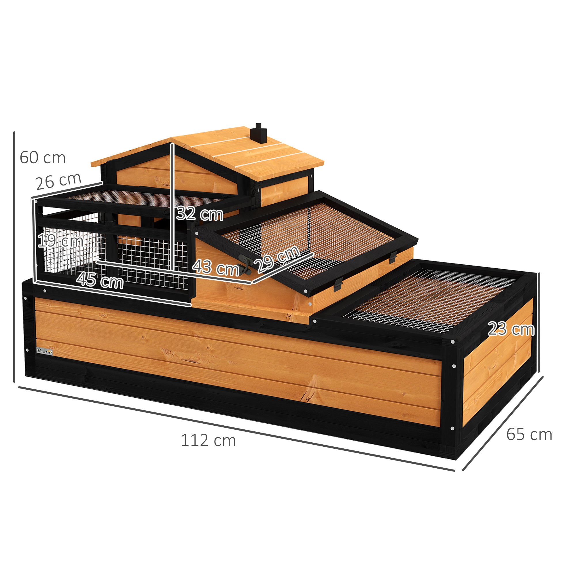 PawHut Tortoise House 3-Room Wooden Tortoise Enclosure Large Reptile Cage with 2 Stories, Ladder, Balcony, Tray, Openable Roof, 59H x 112L x 65Wcm, Yellow