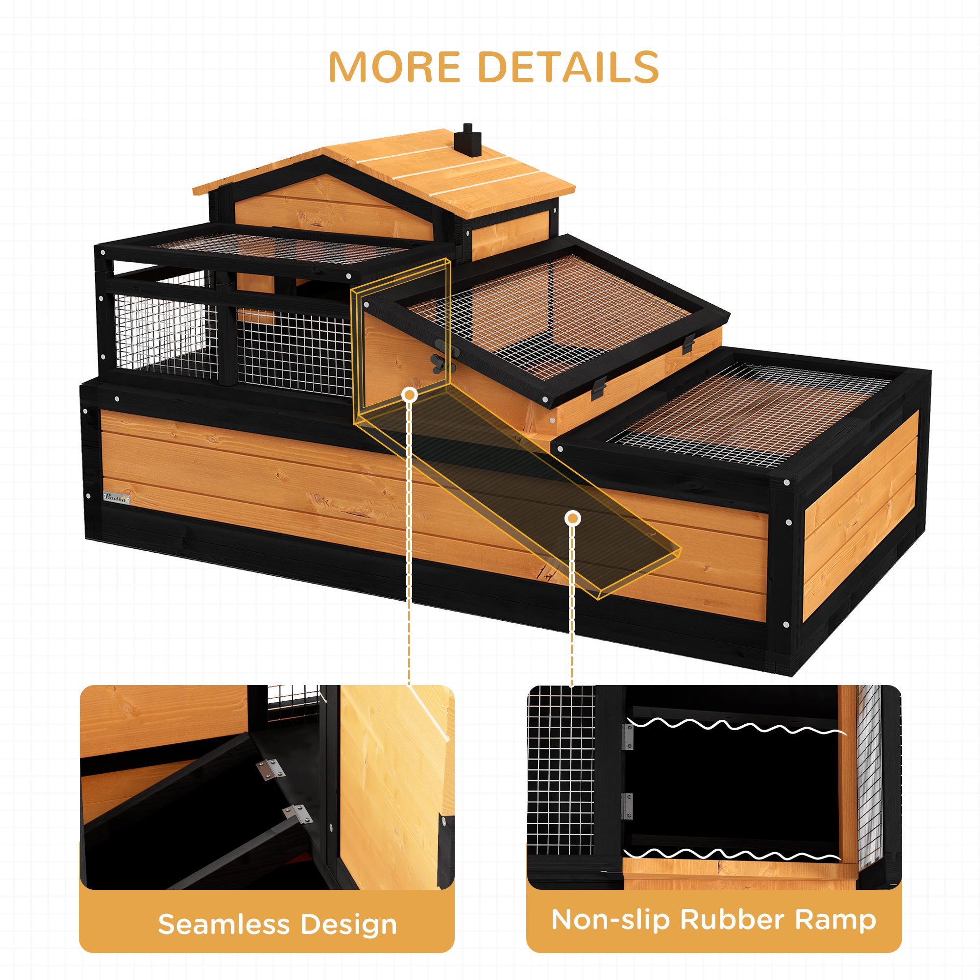 PawHut Tortoise House 3-Room Wooden Tortoise Enclosure Large Reptile Cage with 2 Stories, Ladder, Balcony, Tray, Openable Roof, 59H x 112L x 65Wcm, Yellow